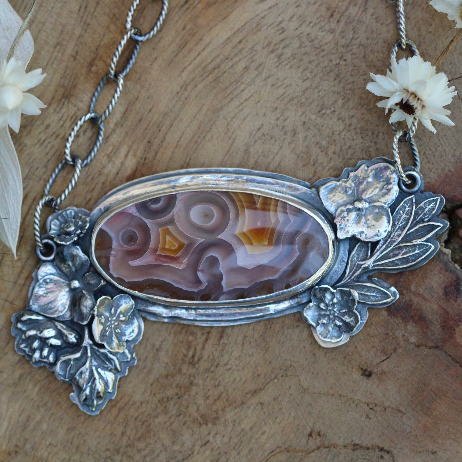 Wildflower Wanderings agate and sterling silver necklace