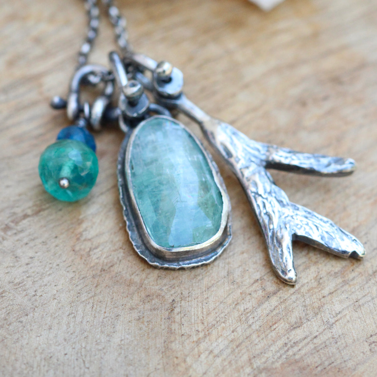 Beach comber Kyanite and sea weed sterling silver necklace