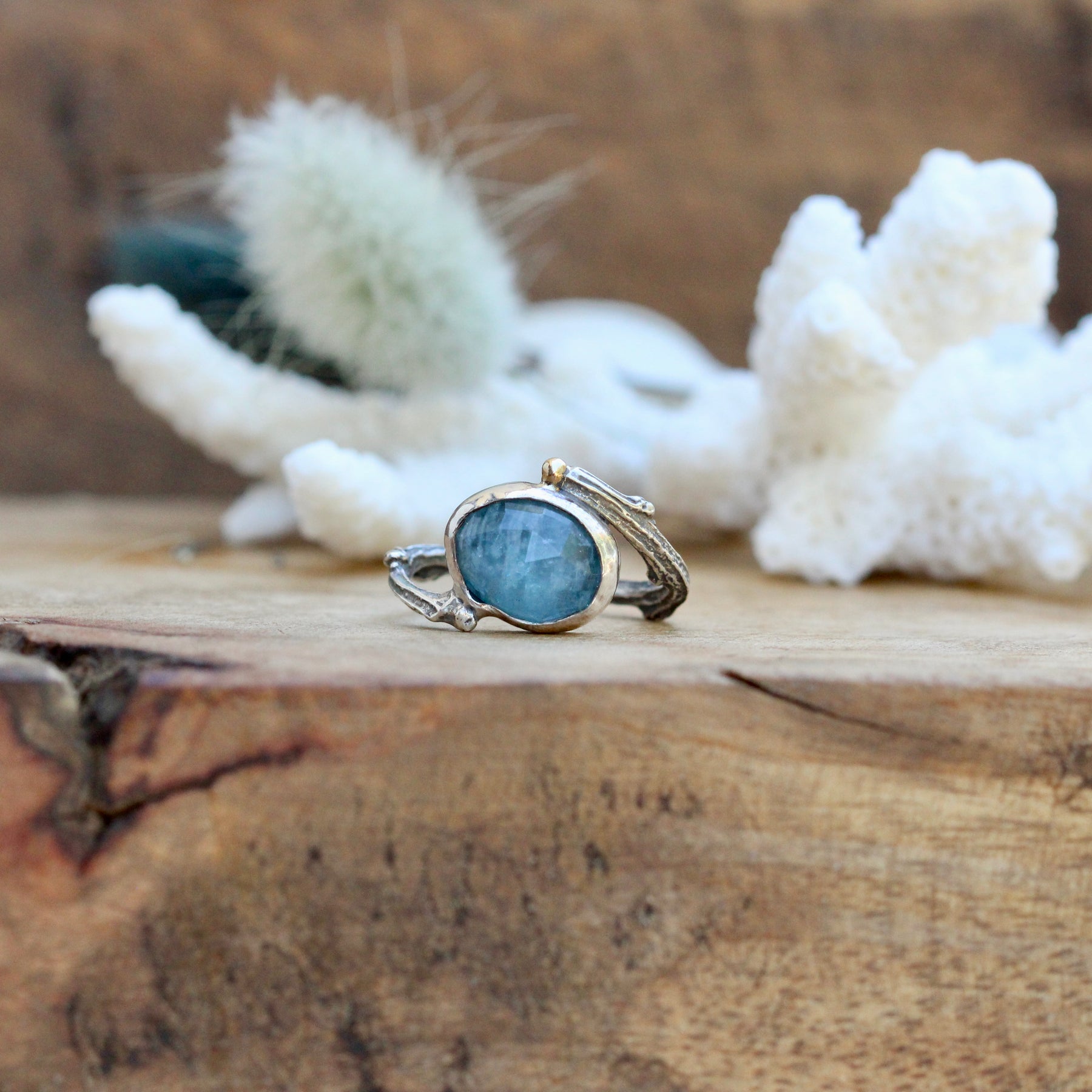Aquamarine and sterling silver branch ring with 14k gold accent