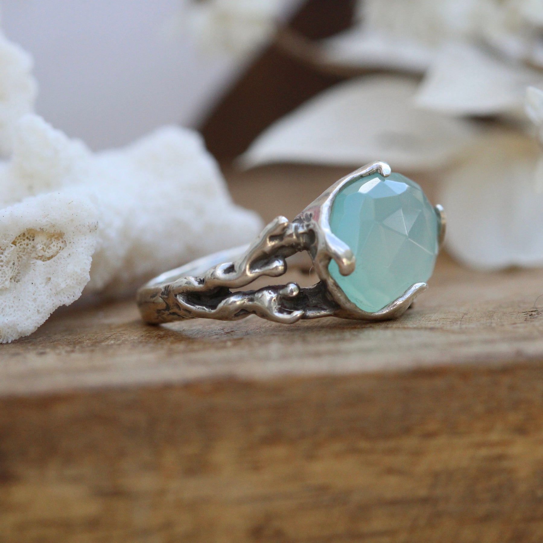 Coral and Aqua Chalcedony sterling silver one of a kind ring Beach Comber Collelction