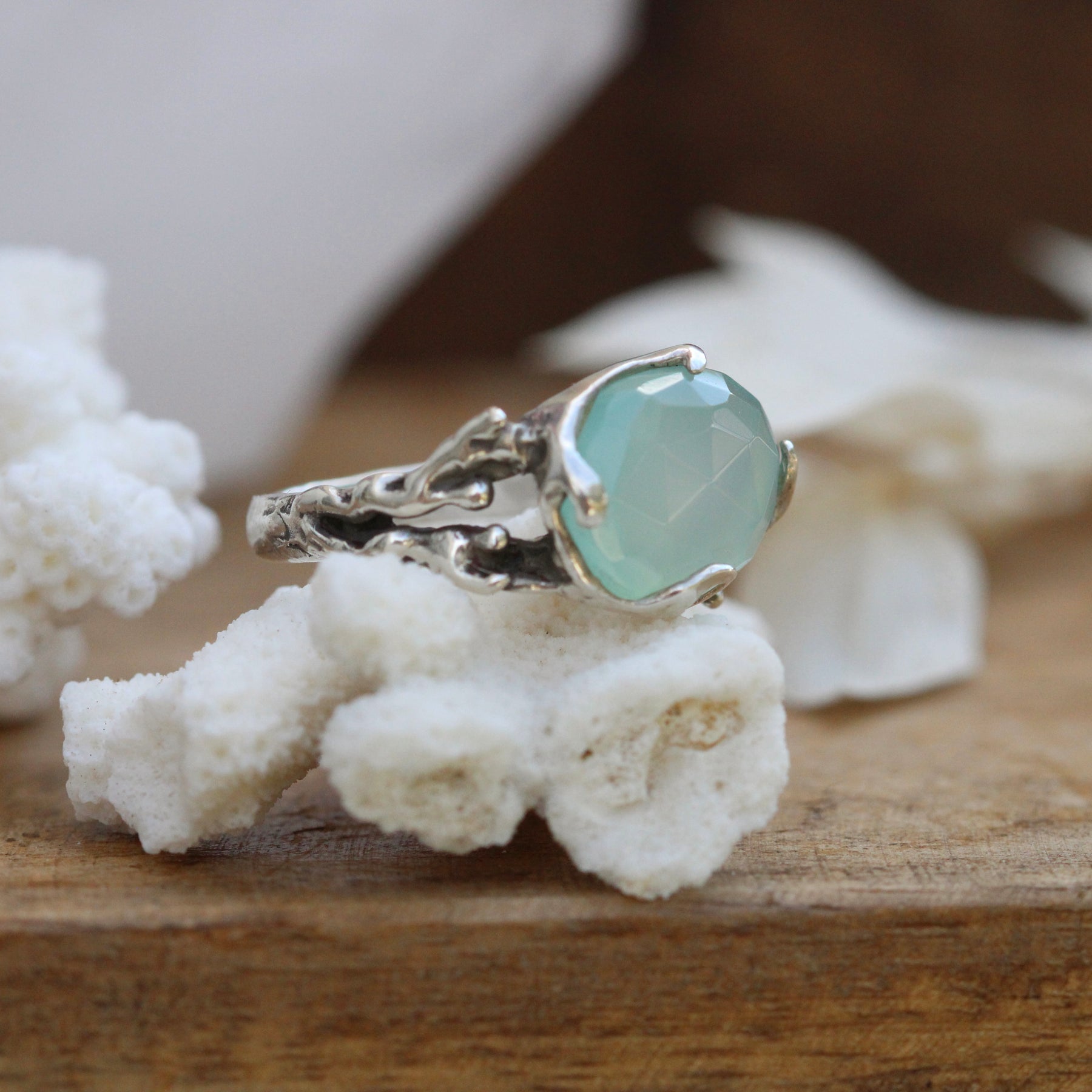 Coral and Aqua Chalcedony sterling silver one of a kind ring Beach Comber Collelction