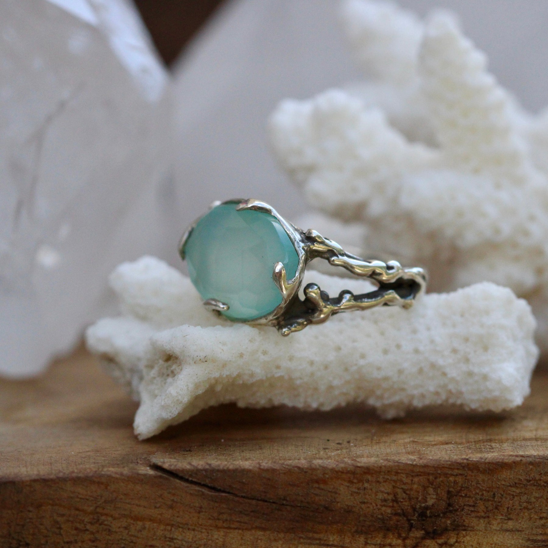 Coral and Aqua Chalcedony sterling silver one of a kind ring Beach Comber Collelction