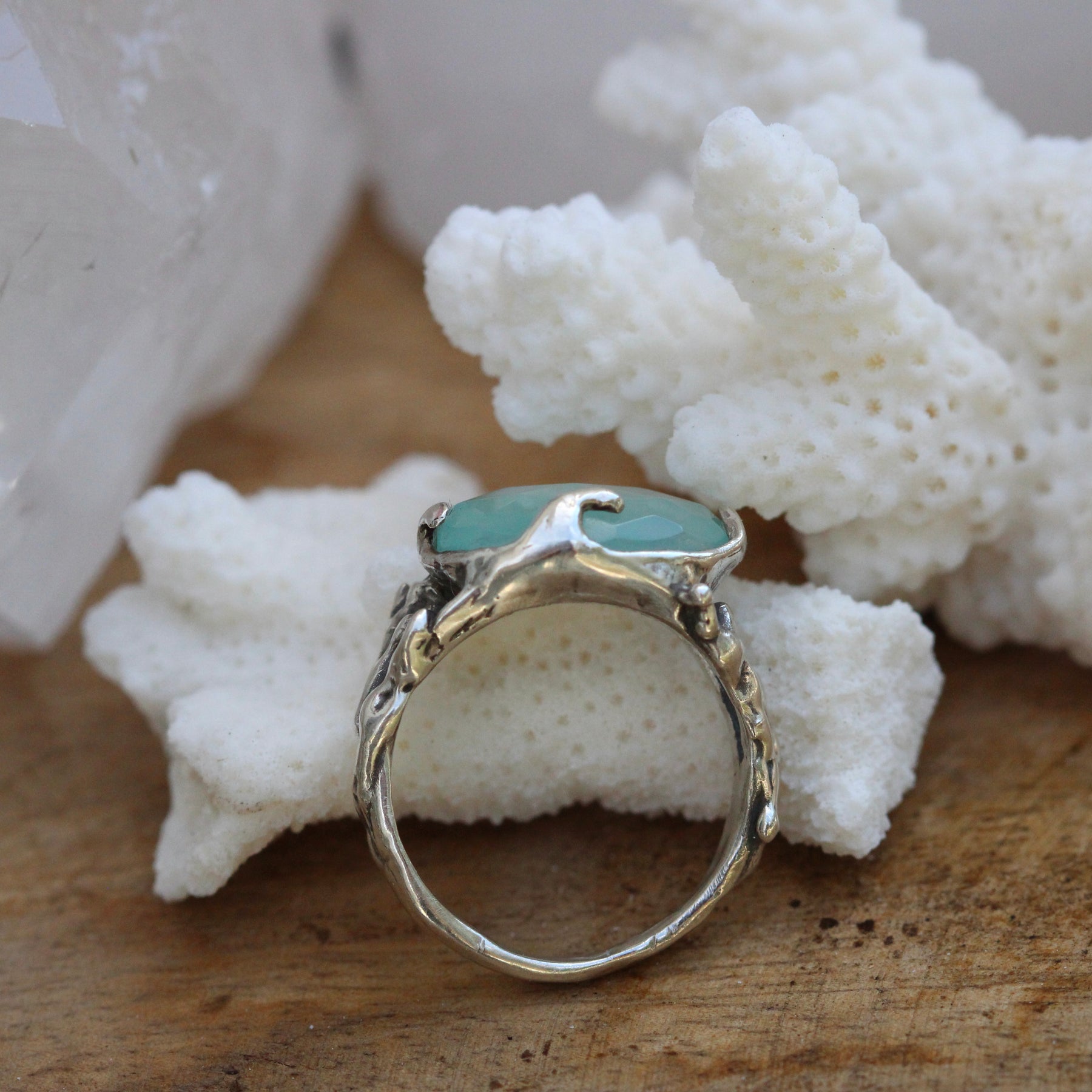 Coral and Aqua Chalcedony sterling silver one of a kind ring Beach Comber Collelction