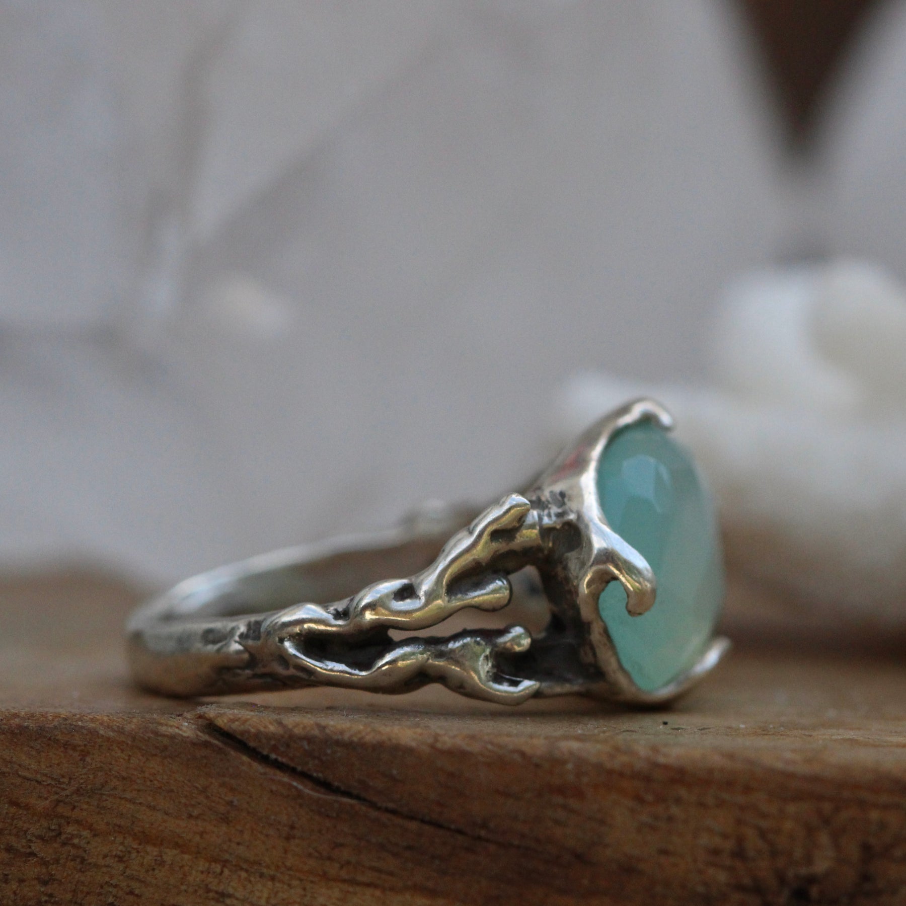 Coral and Aqua Chalcedony sterling silver one of a kind ring Beach Comber Collelction