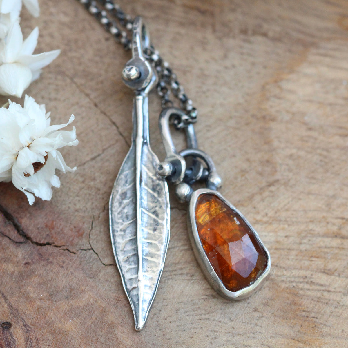 Wildflower Wanderings Kyanite and orange leaf sterling necklace