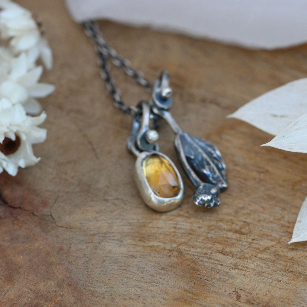 Brittlebush bloom and Citrine Wildflower Wanderings Sterling silver necklace