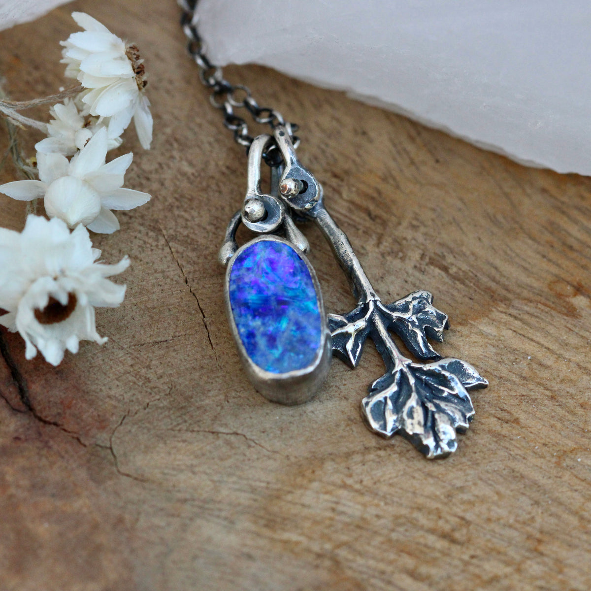 Boulder Opal and sterling silver lupine blossom necklace Wildflower Wanderings