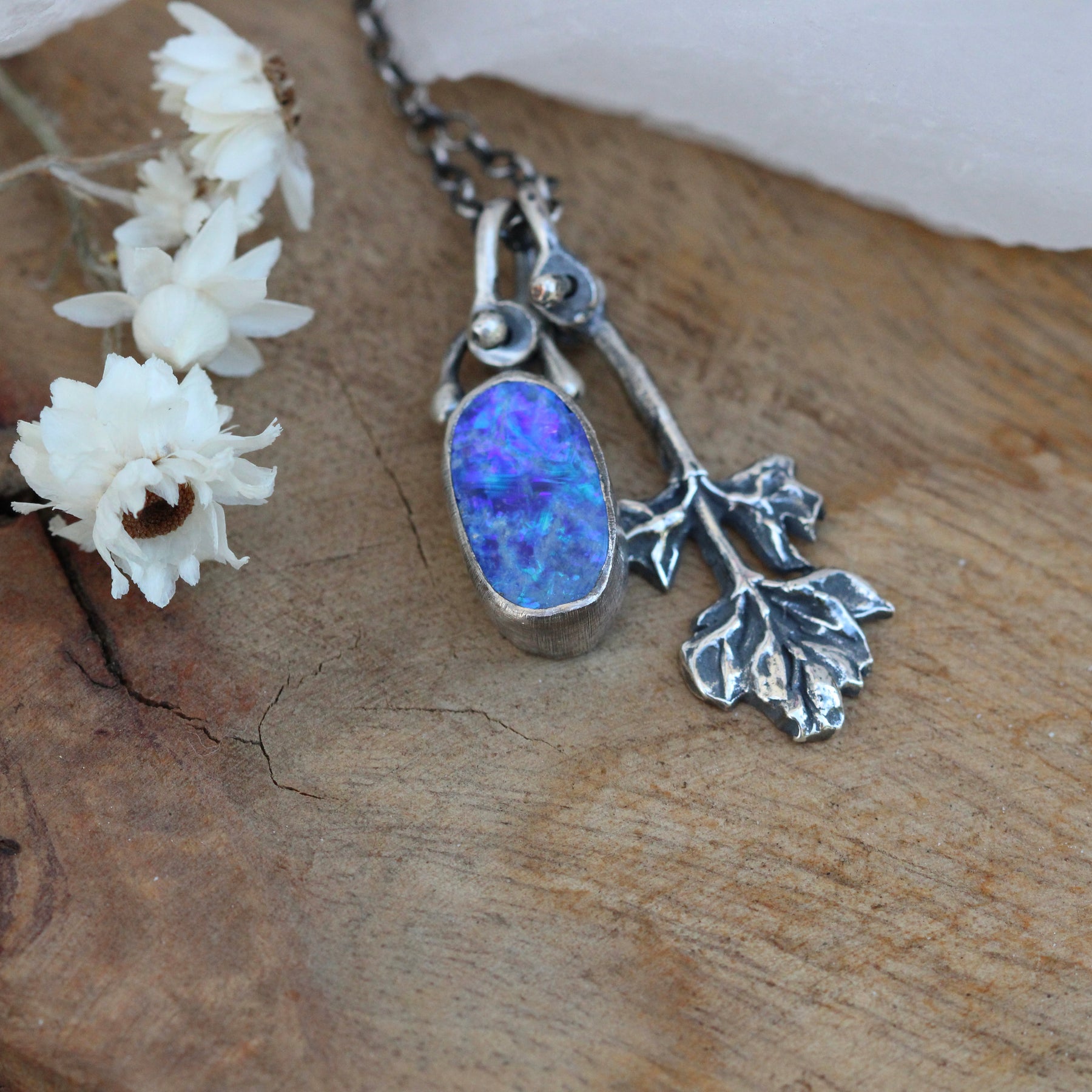 Boulder Opal and sterling silver lupine blossom necklace Wildflower Wanderings