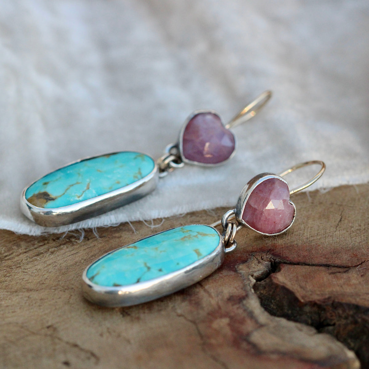 Natural Turquoise and Ruby earrings with 10k gold ear wires