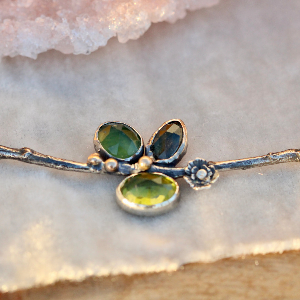 CLEARANCE SAMPLE SALE.  Poppy And Twig Green Sapphire, Peridot, Serpentine Silver Necklace