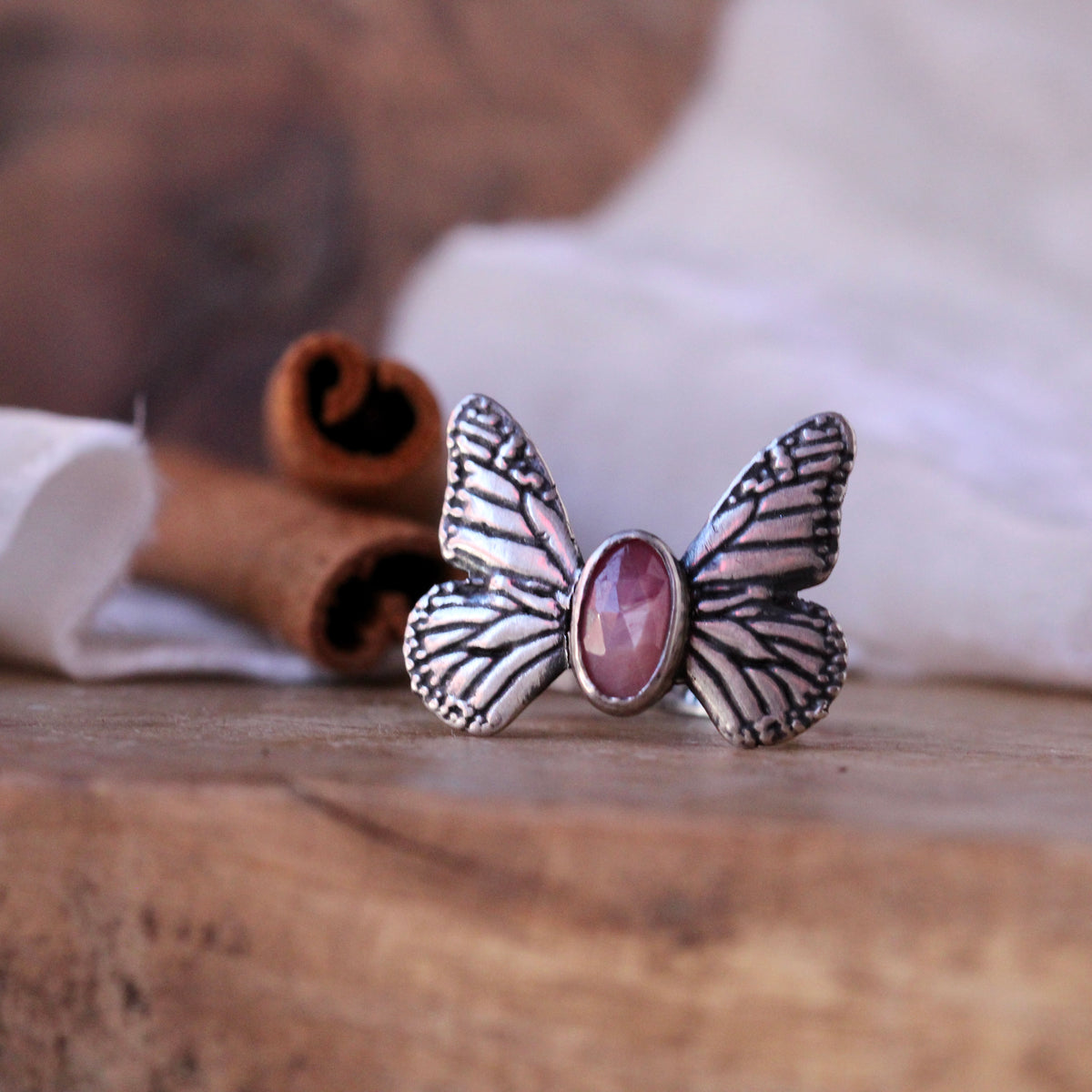 Monarch Butterfly Sterling Silver Ring with Ruby