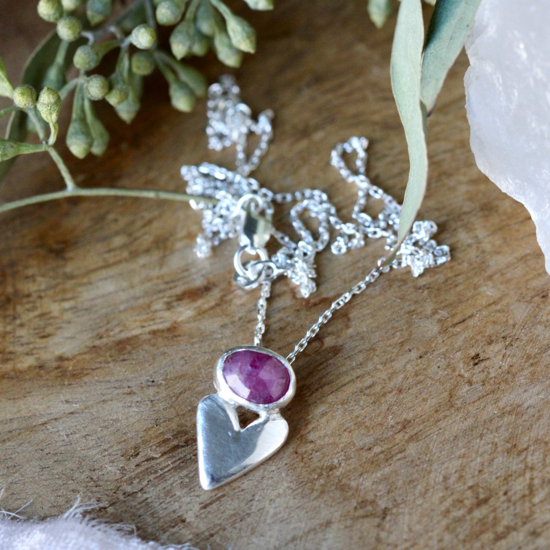 LOVE NOTES Ruby and Sculpted Heart sterling silver Necklace