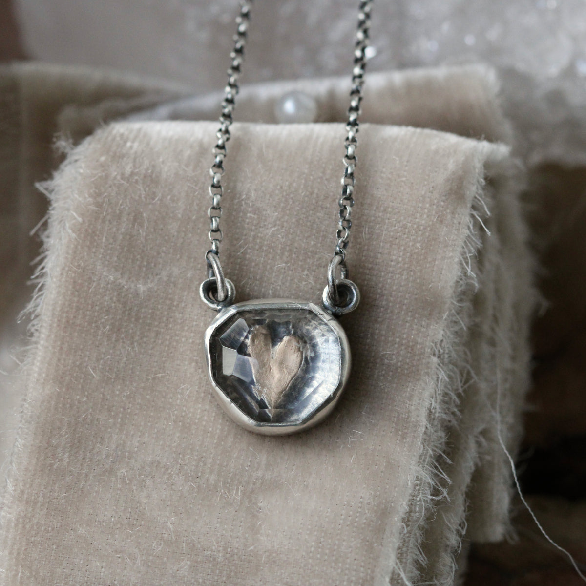 LOVE NOTES Gold Heart Under Quartz sterling silver Shadow Box necklace