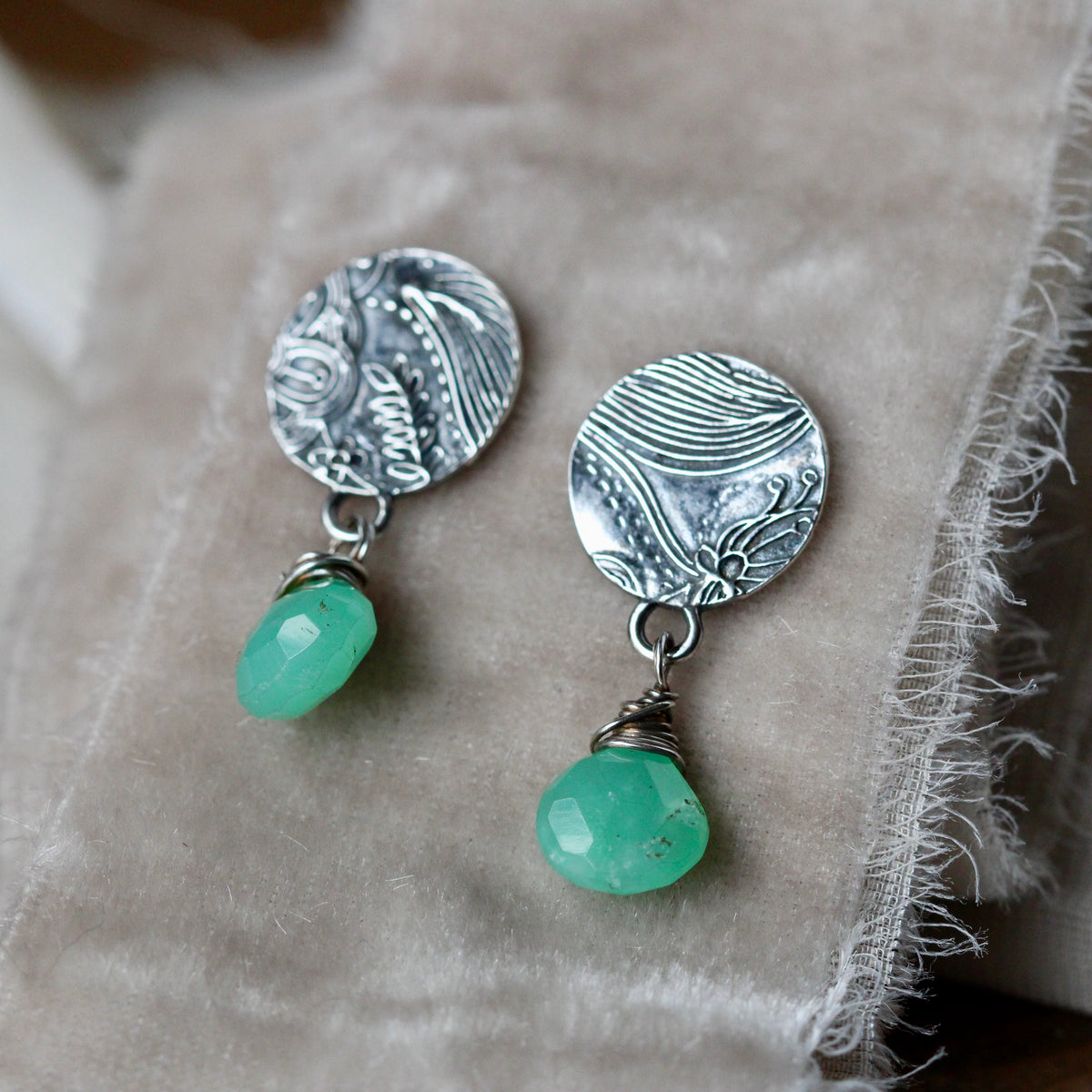 Clearance Sale  Chrysoprase gemstones and silver Midnight Garden Earrings
