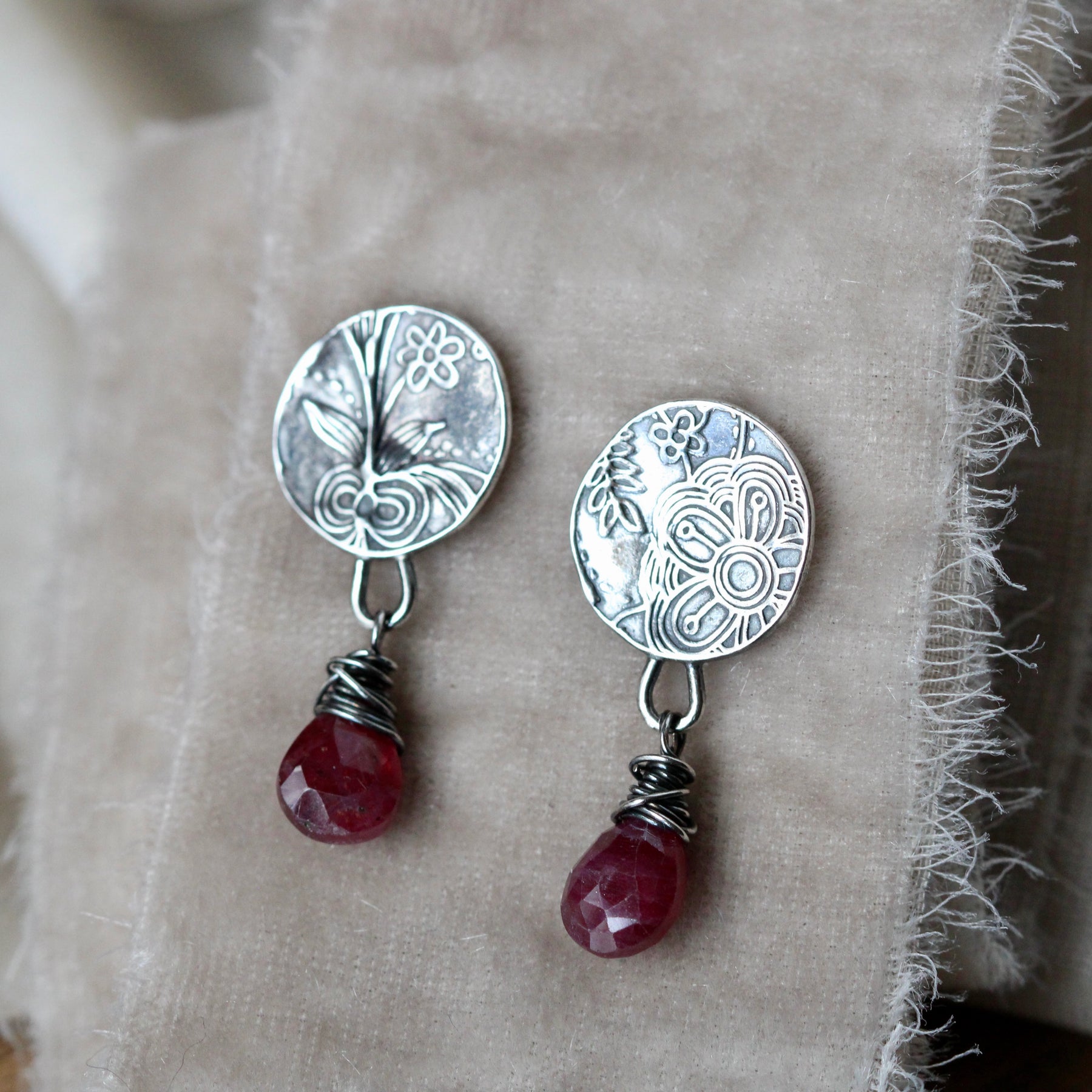 Ruby and sterling silver Midnight Garden post earrings