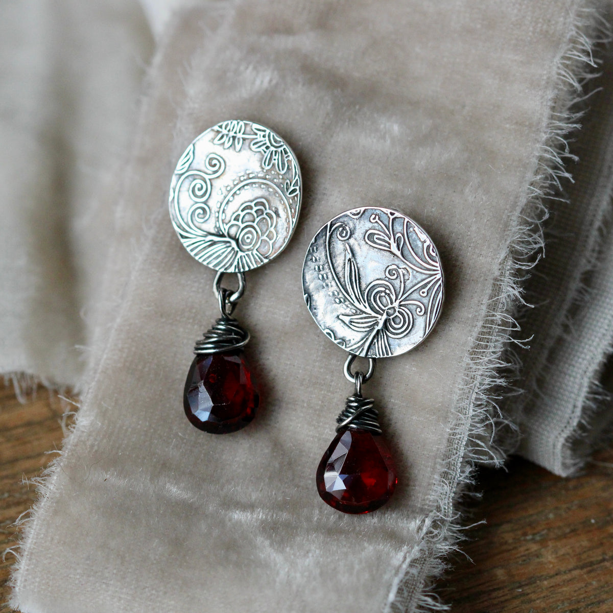 Midnight Garden Garnet and silver earrings