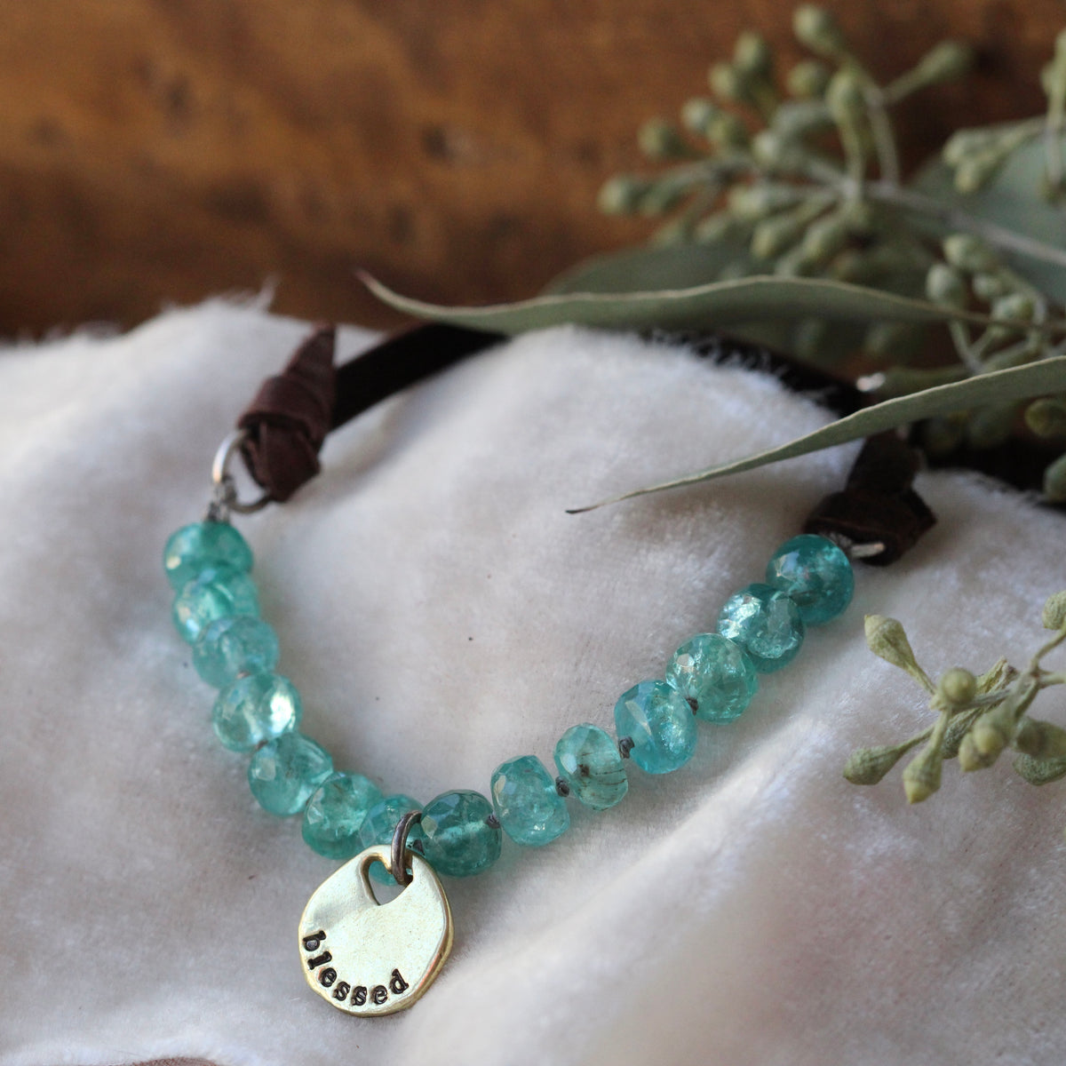 Clearance Sale Leather and Apatite with bronze blessed charm