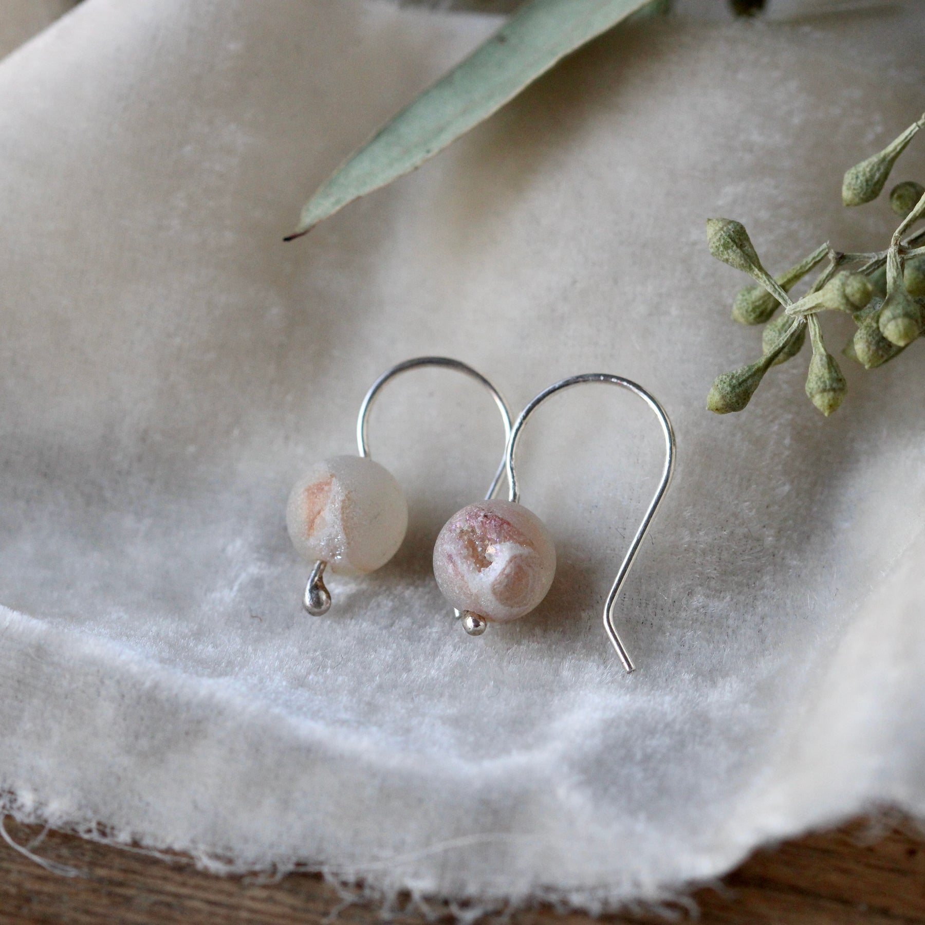 Clearance Sale little gemstone earrings  white peachy druzy Agate