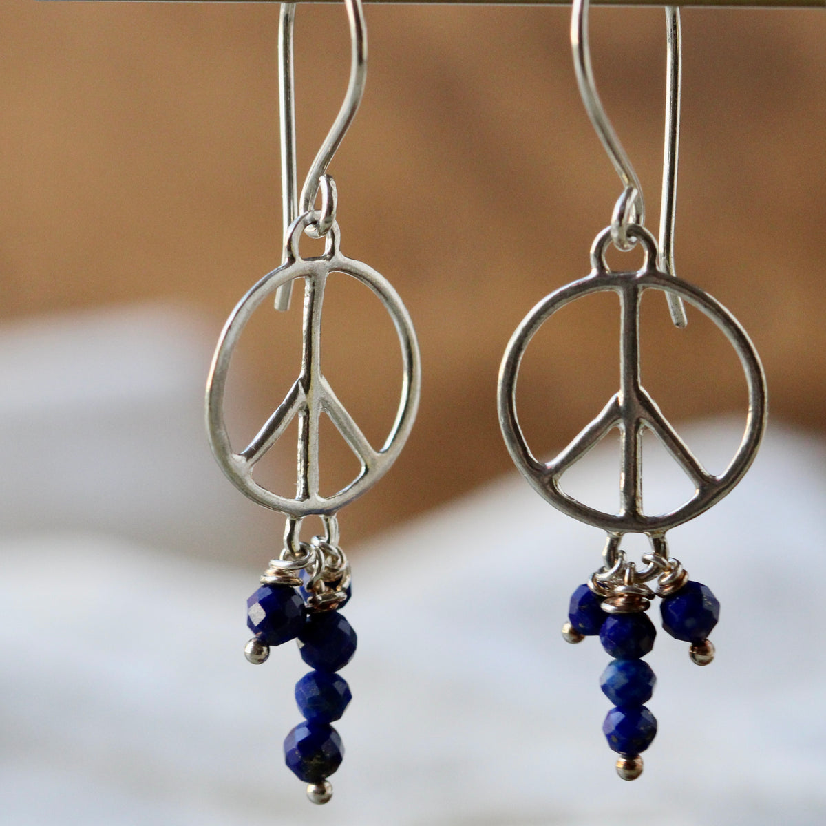 Peace symbol dangle earrings sterling and Lapis Lazuli