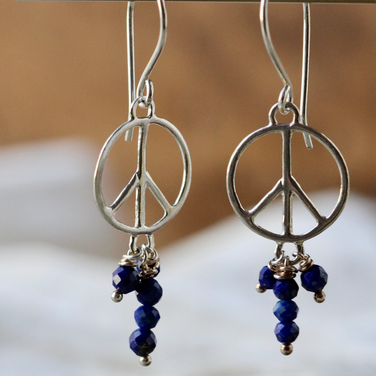 Peace symbol dangle earrings sterling and apatite