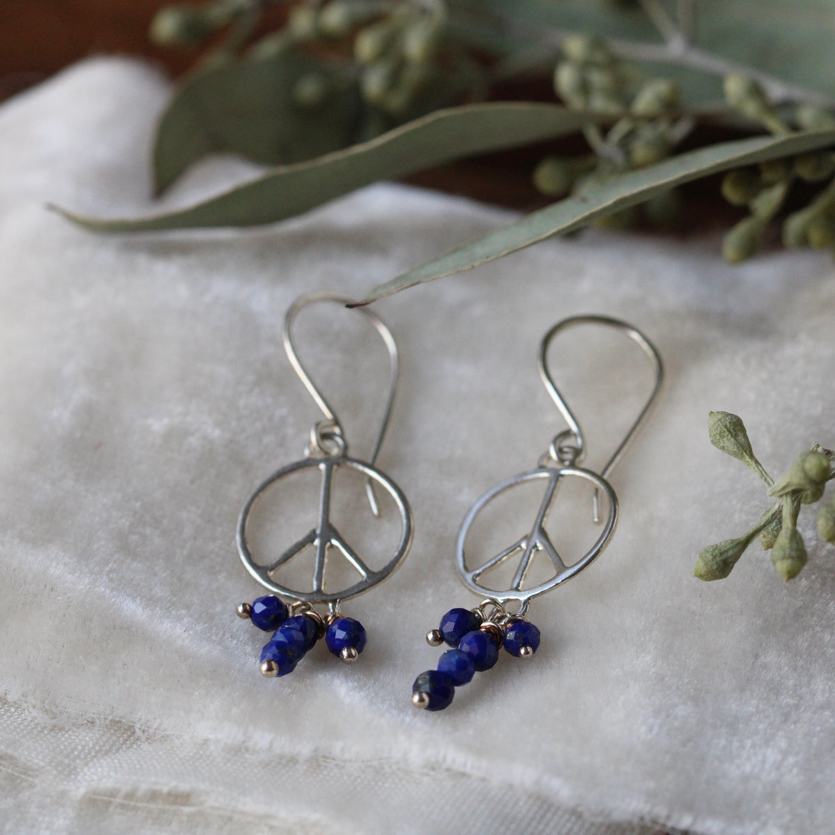 Peace symbol dangle earrings sterling and Lapis Lazuli