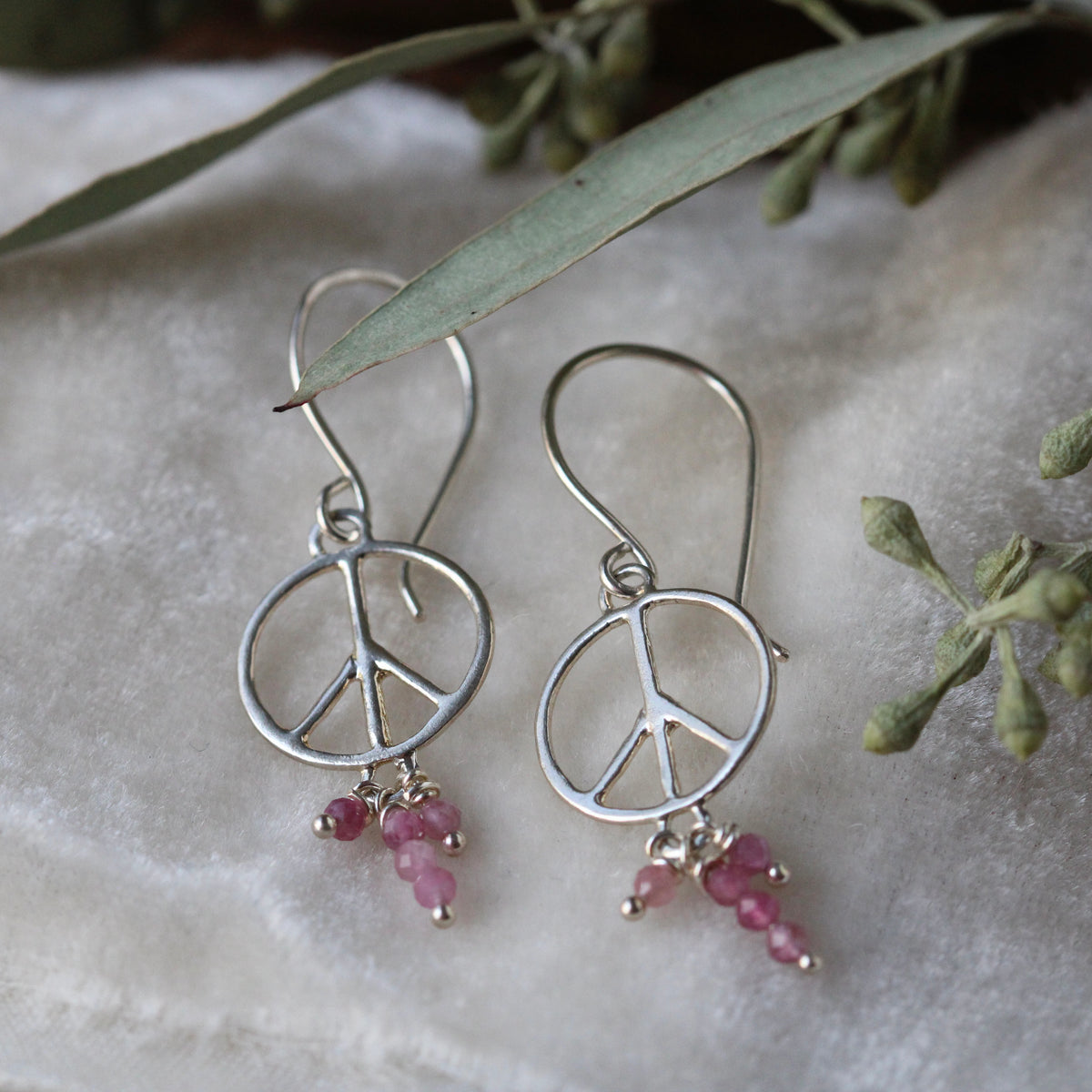 Clearance Sale Peace symbol dangle earrings sterling and pink tourmaline