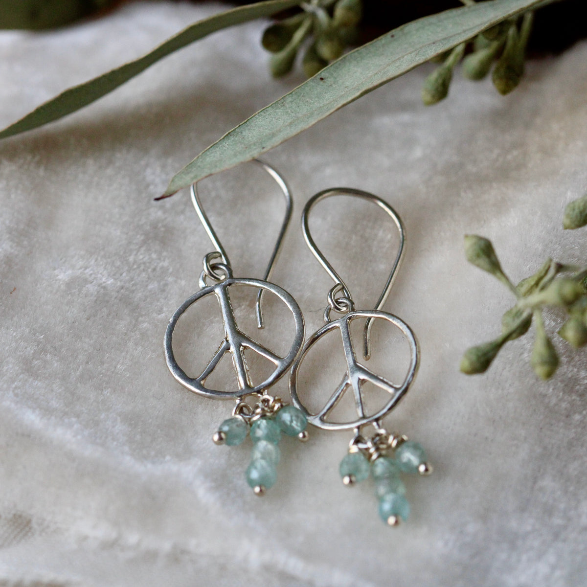 Peace symbol dangle earrings sterling and apatite