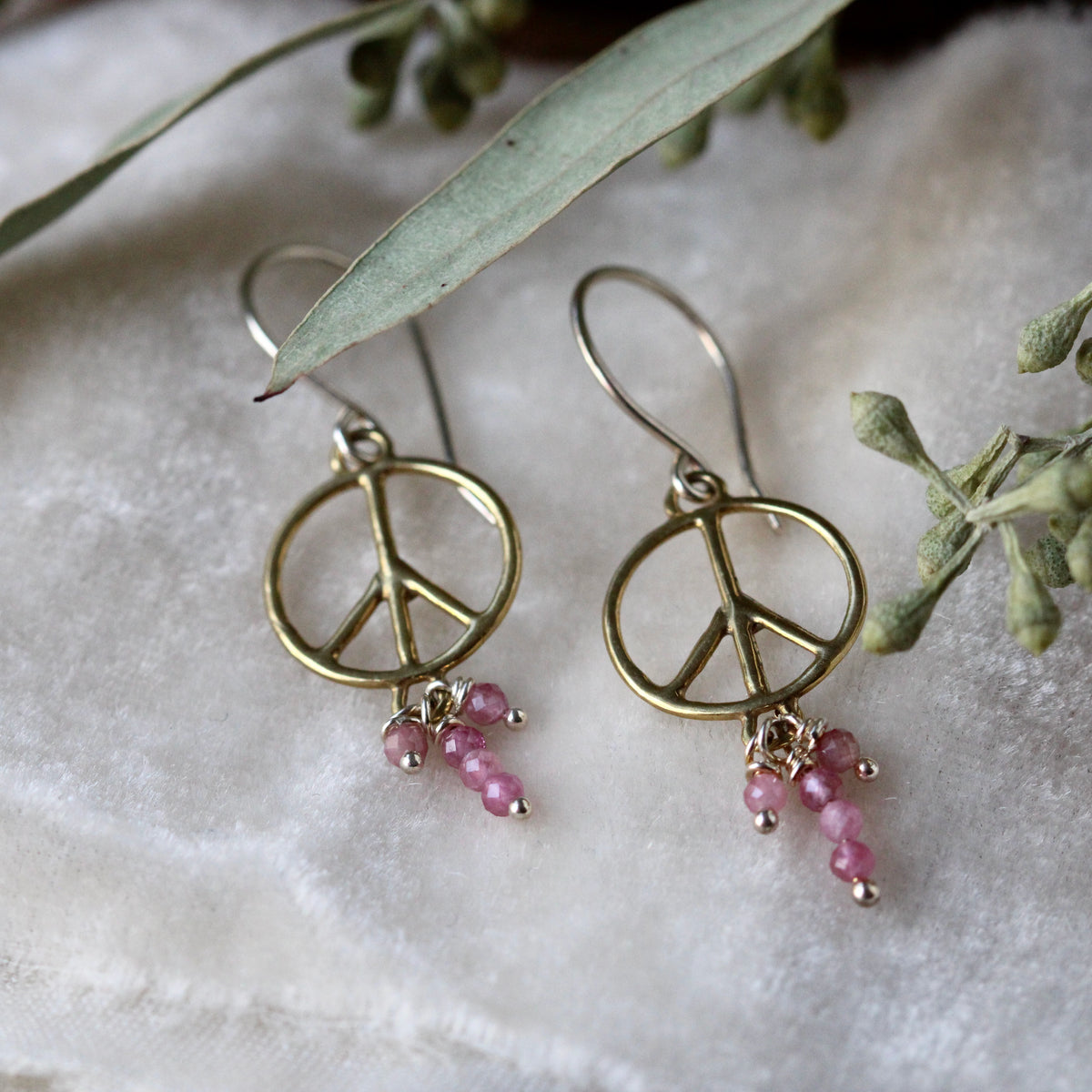 Bronze Peace symbol dangle earrings sterling and pink tourmaline