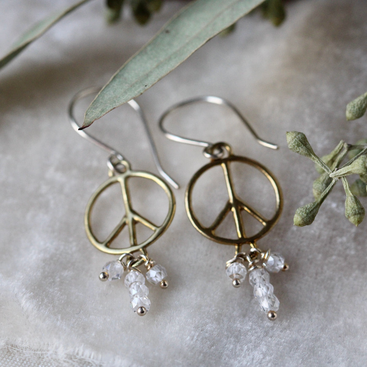 Bronze Peace symbol dangle earrings sterling and Clear CZs