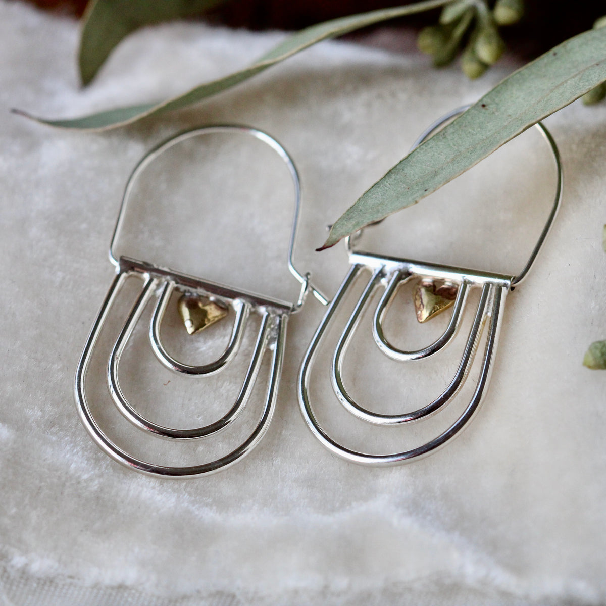Clearance Sale Sterling silver arches with bronze hearts statement earrings