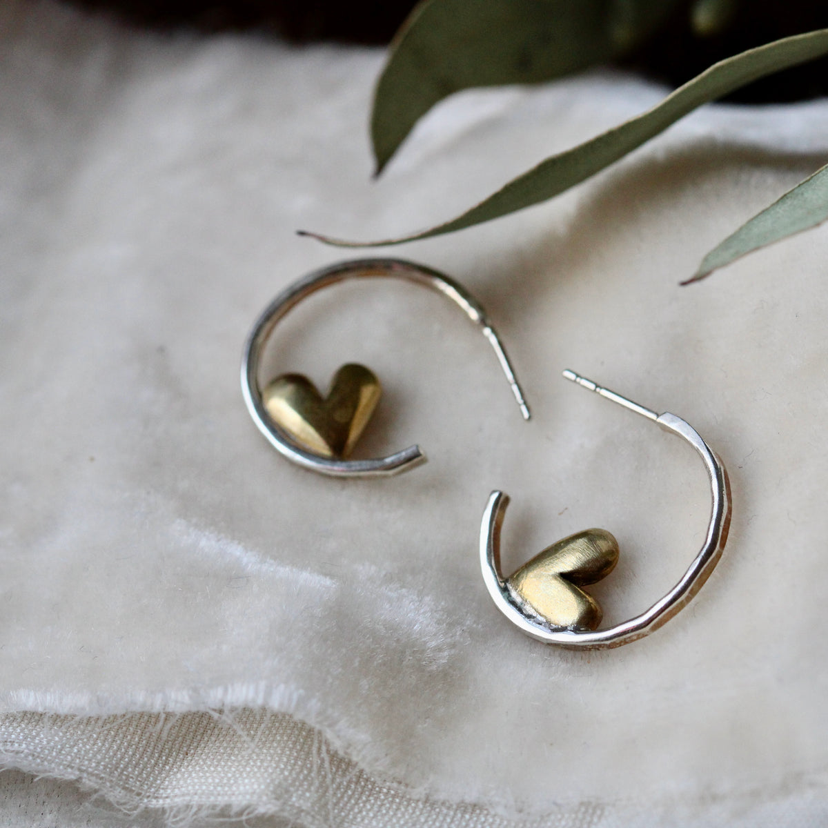 Clearance Sale sterling silver hoop earrings with bronze hearts