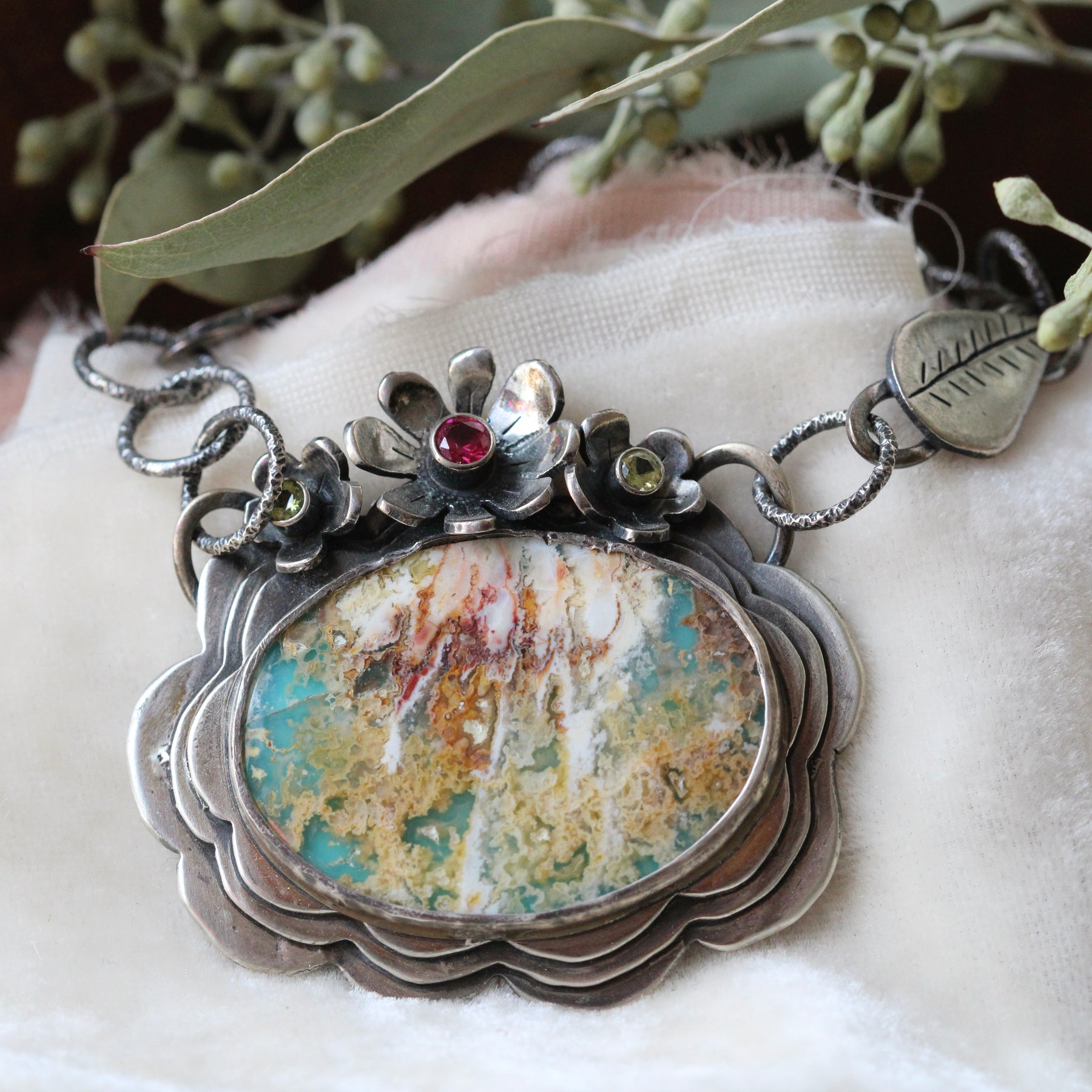 Clearance Sale Regency Plume agate and Turquoise Doublet.Statement necklace