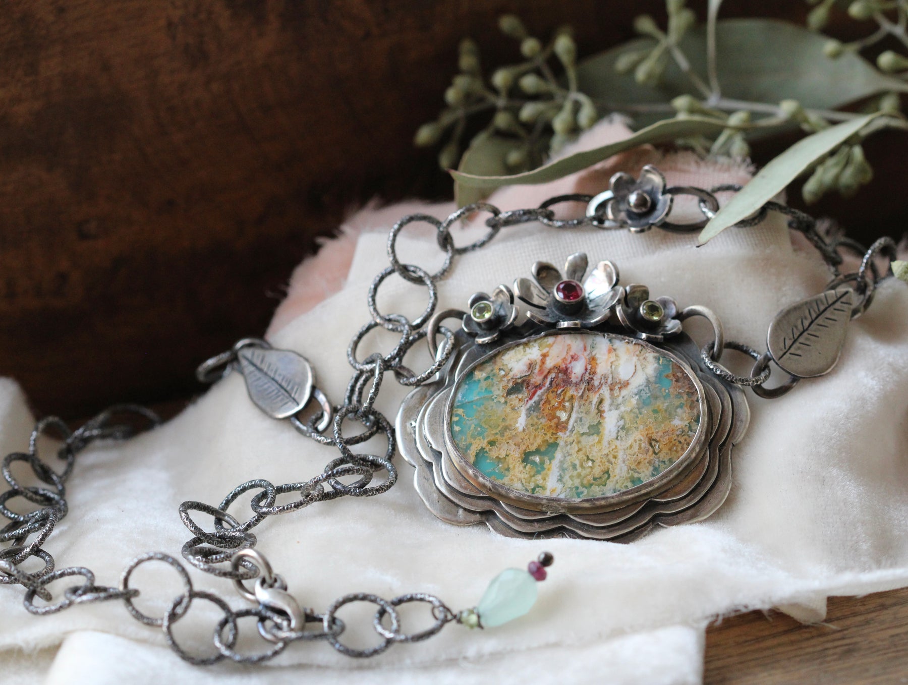 Clearance Sale Regency Plume agate and Turquoise Doublet.Statement necklace