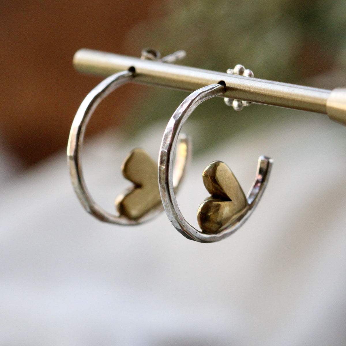 Clearance Sale sterling silver hoop earrings with bronze hearts