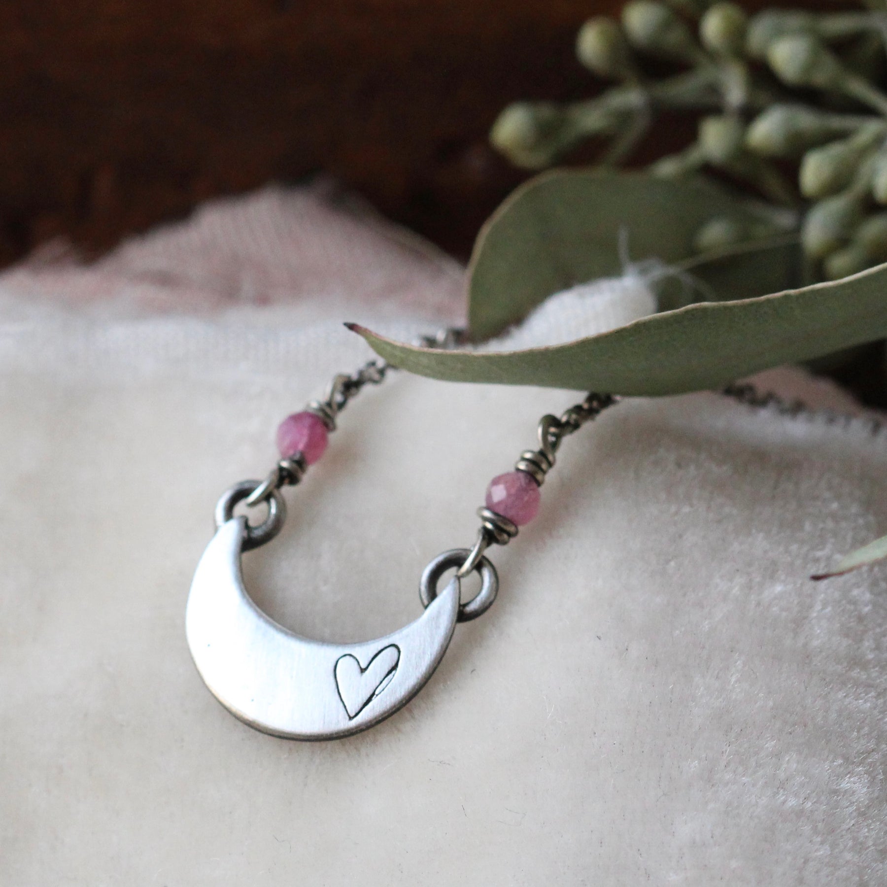 Clearance Sale Crescent moon heart pink tourmaline necklace