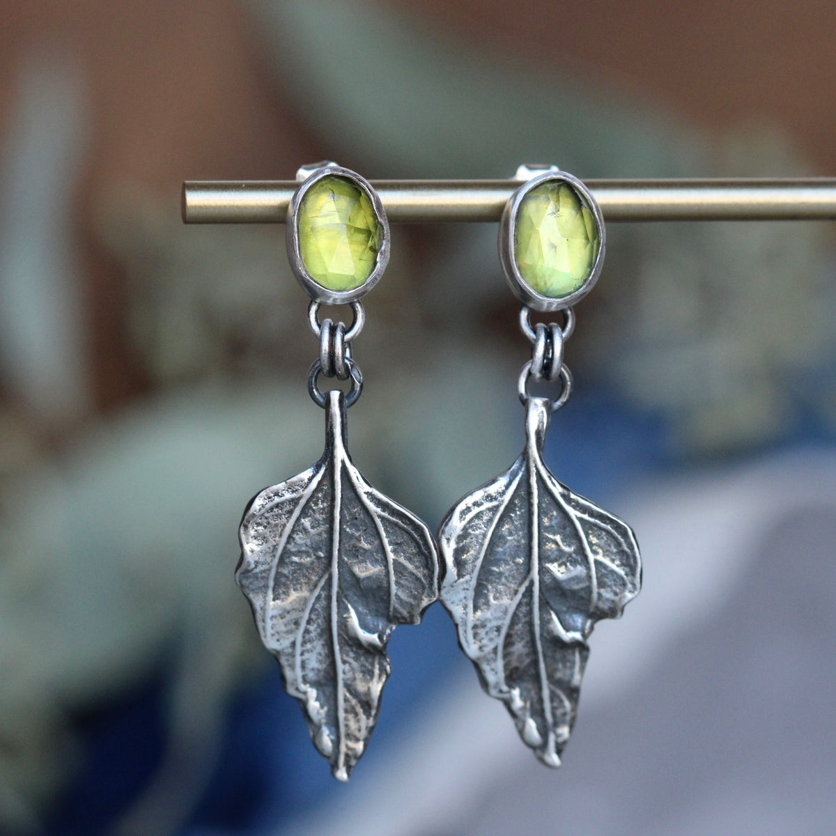 Brittlebush leaves and Peridot sterling silver Statement Earrings