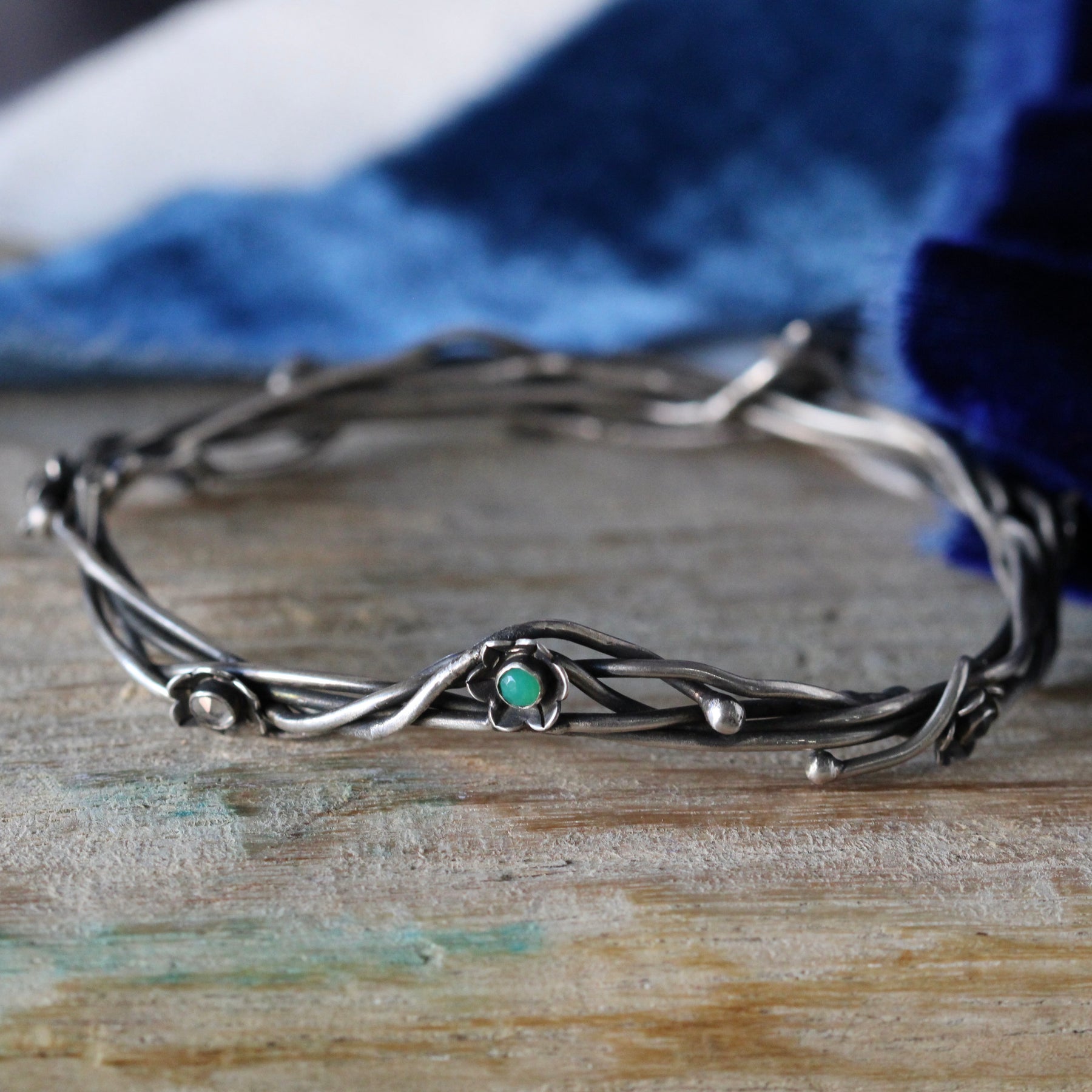 Kindred Bangle Woven Sterling Silver and Flowers with Birthstones