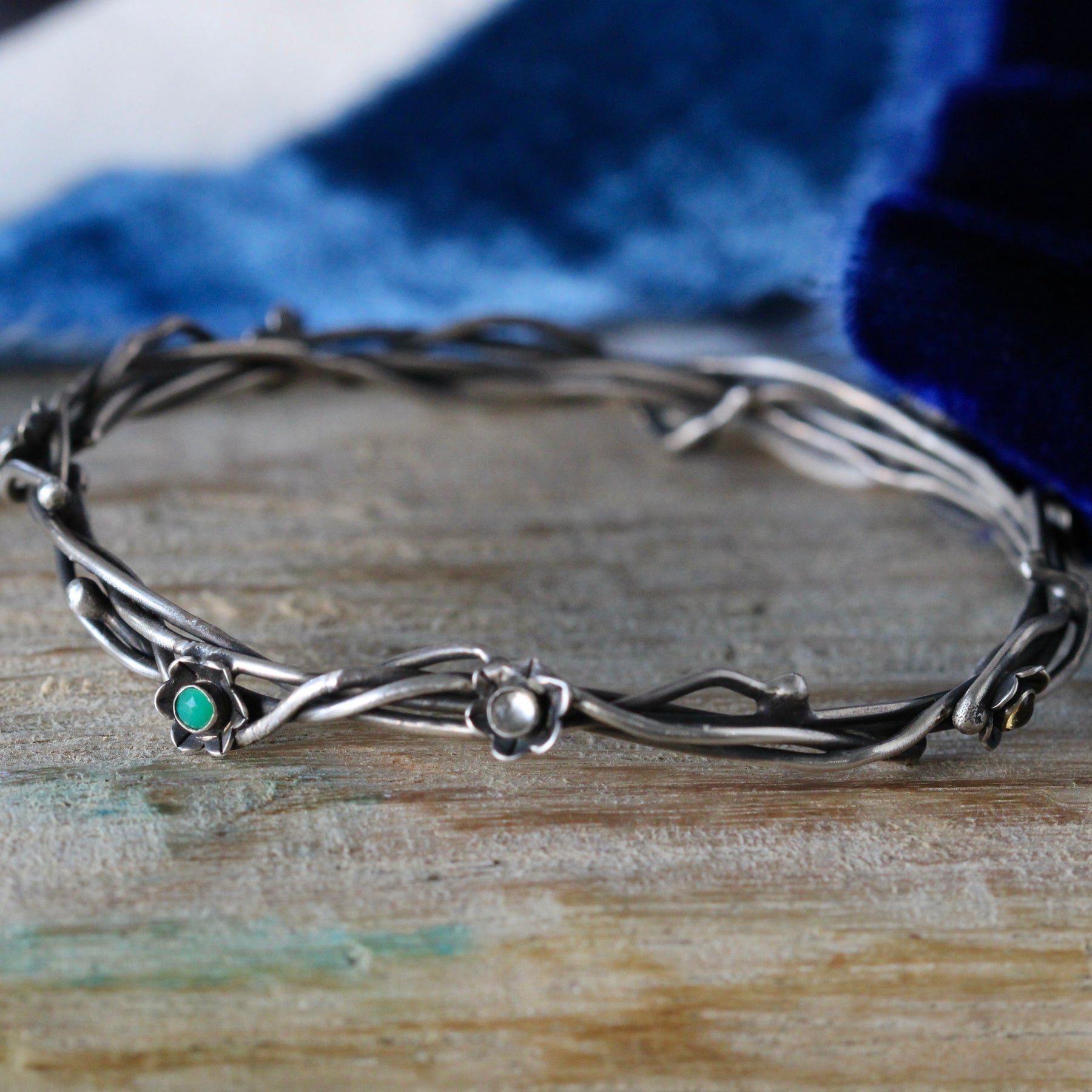 Kindred Bangle Woven Sterling Silver and Flowers with Birthstones
