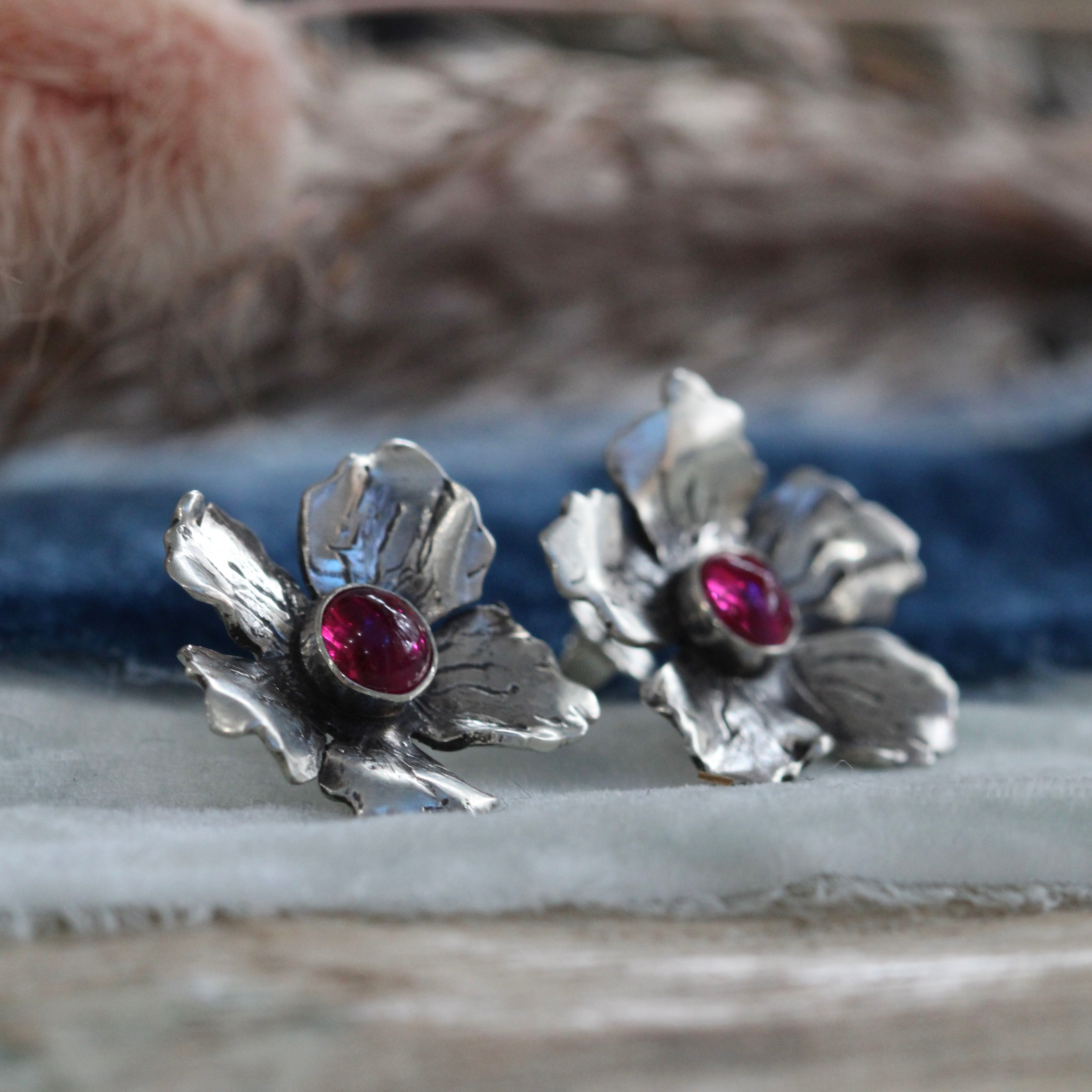 Silver Cherry Blossom and Ruby Post Earrings