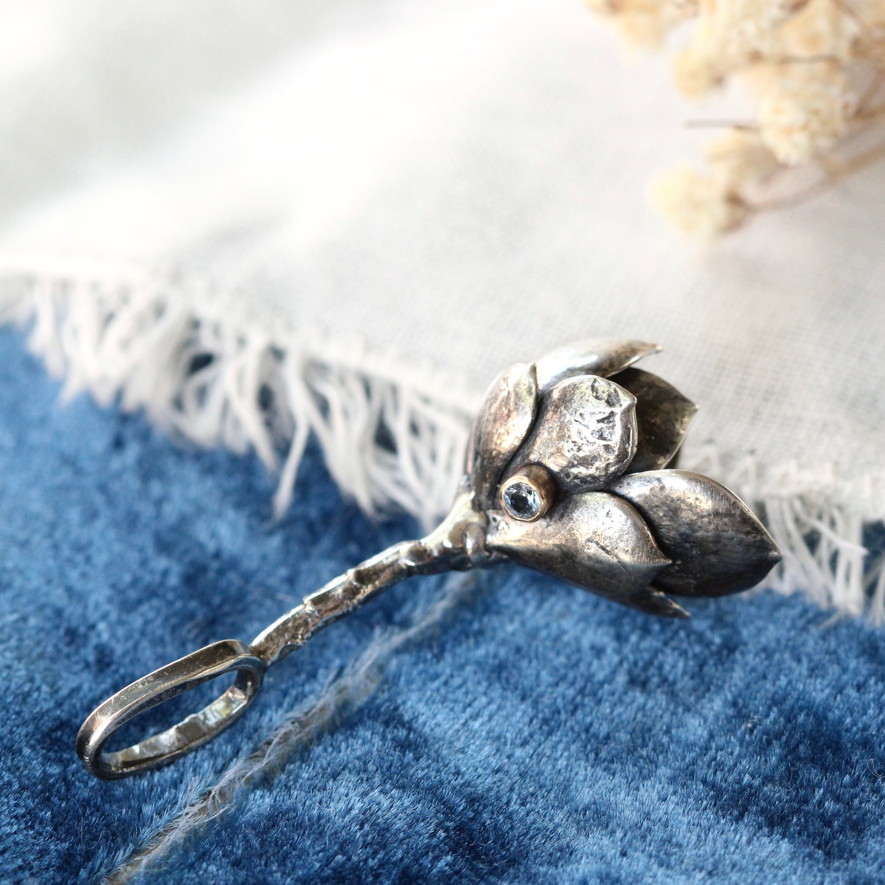 Succulent Branch with Aquamarine Sterling Silver Botanical Charm