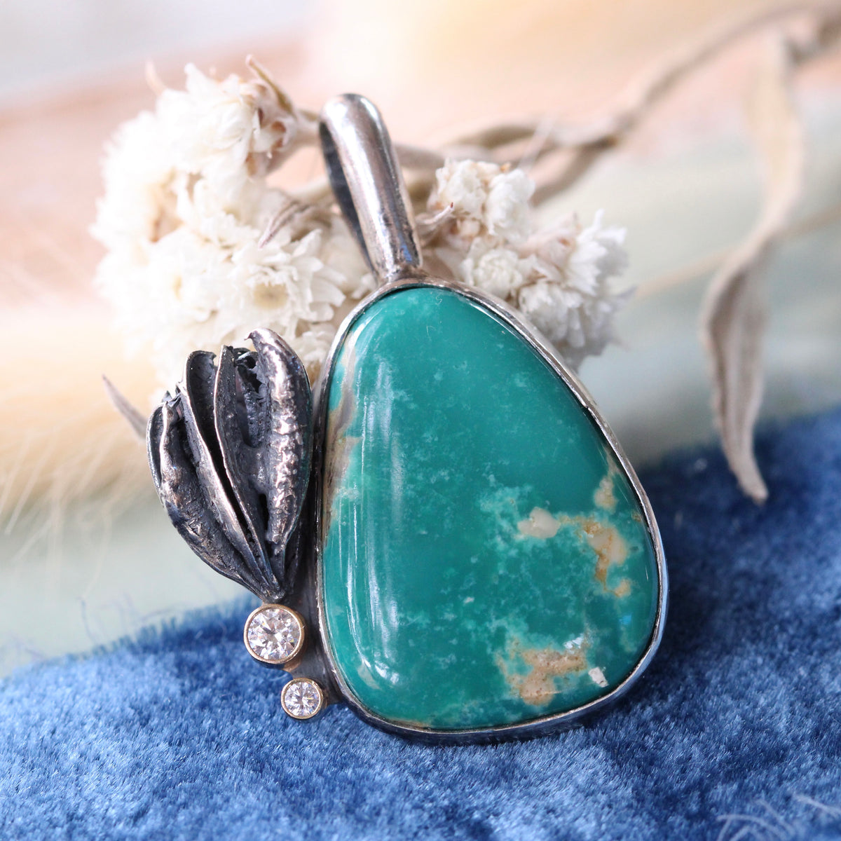 Royston Turquoise Pendant with Seed Pods 14k Gold Diamonds