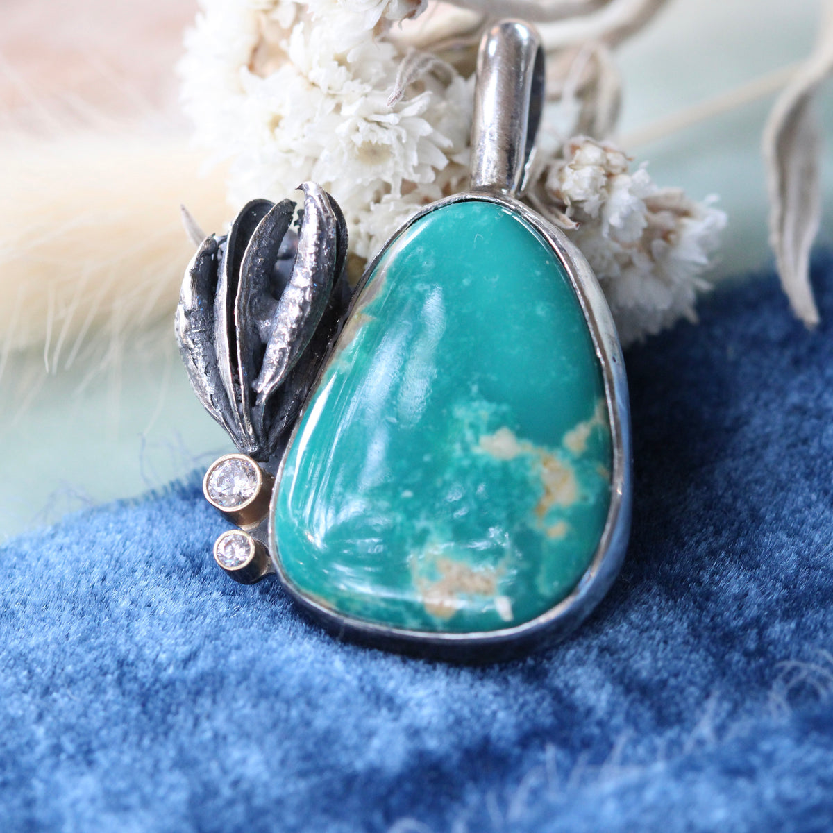 Royston Turquoise Pendant with Seed Pods 14k Gold Diamonds