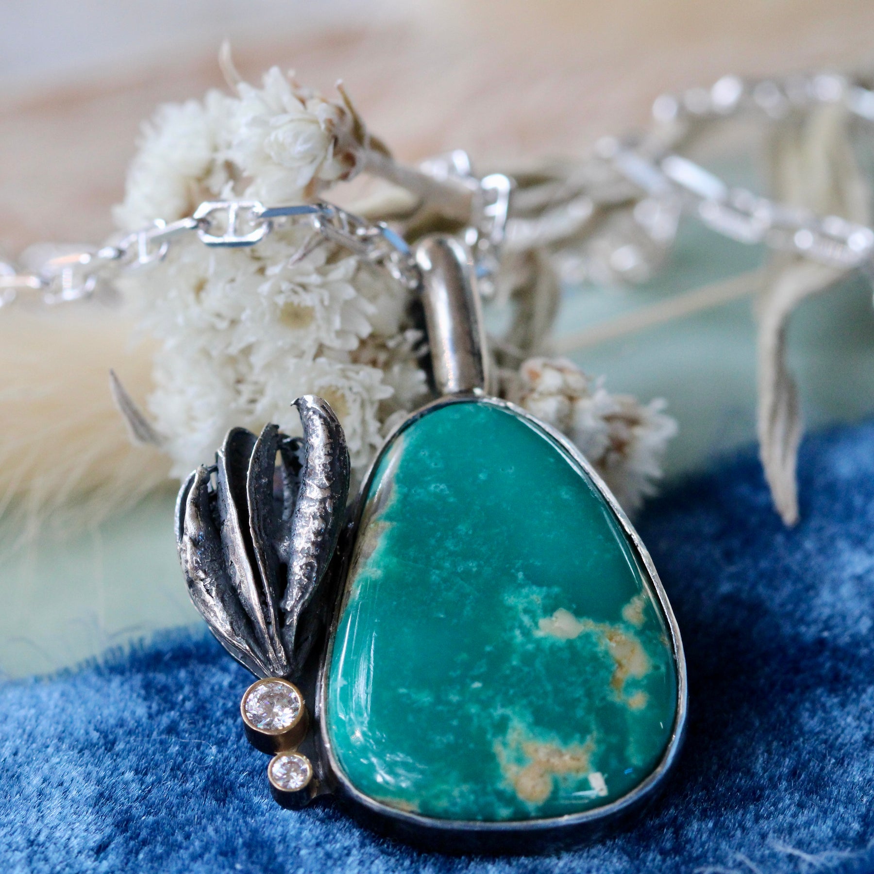Royston Turquoise Pendant with Seed Pods 14k Gold Diamonds
