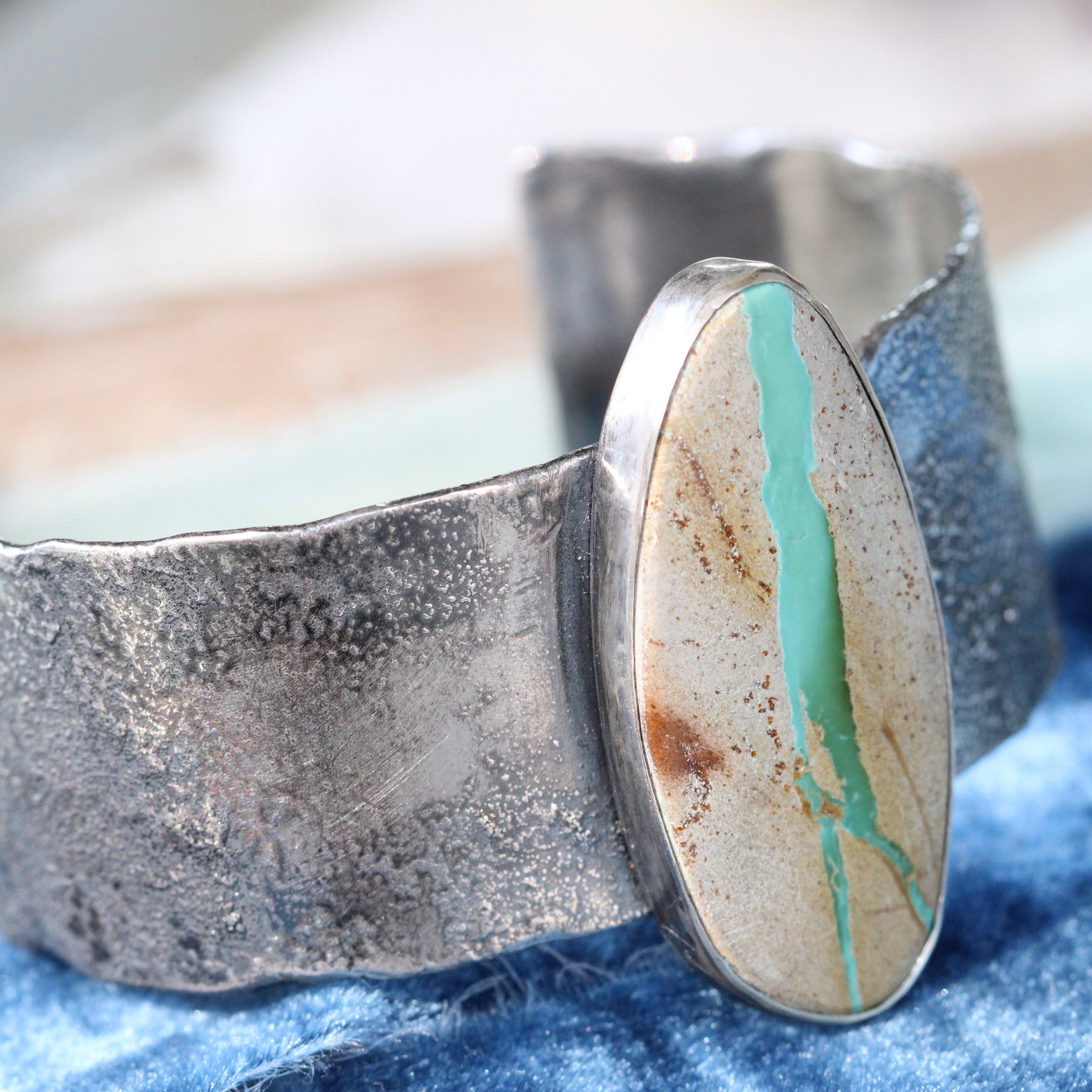 Royston Ribbon Turquoise Cuff Bracelet Reticulated Sterling Silver with Sculpted Heart