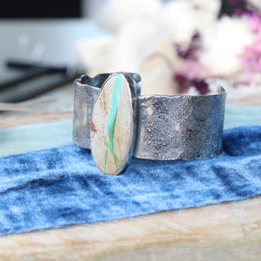 Royston Ribbon Turquoise Cuff Bracelet Reticulated Sterling Silver with Sculpted Heart