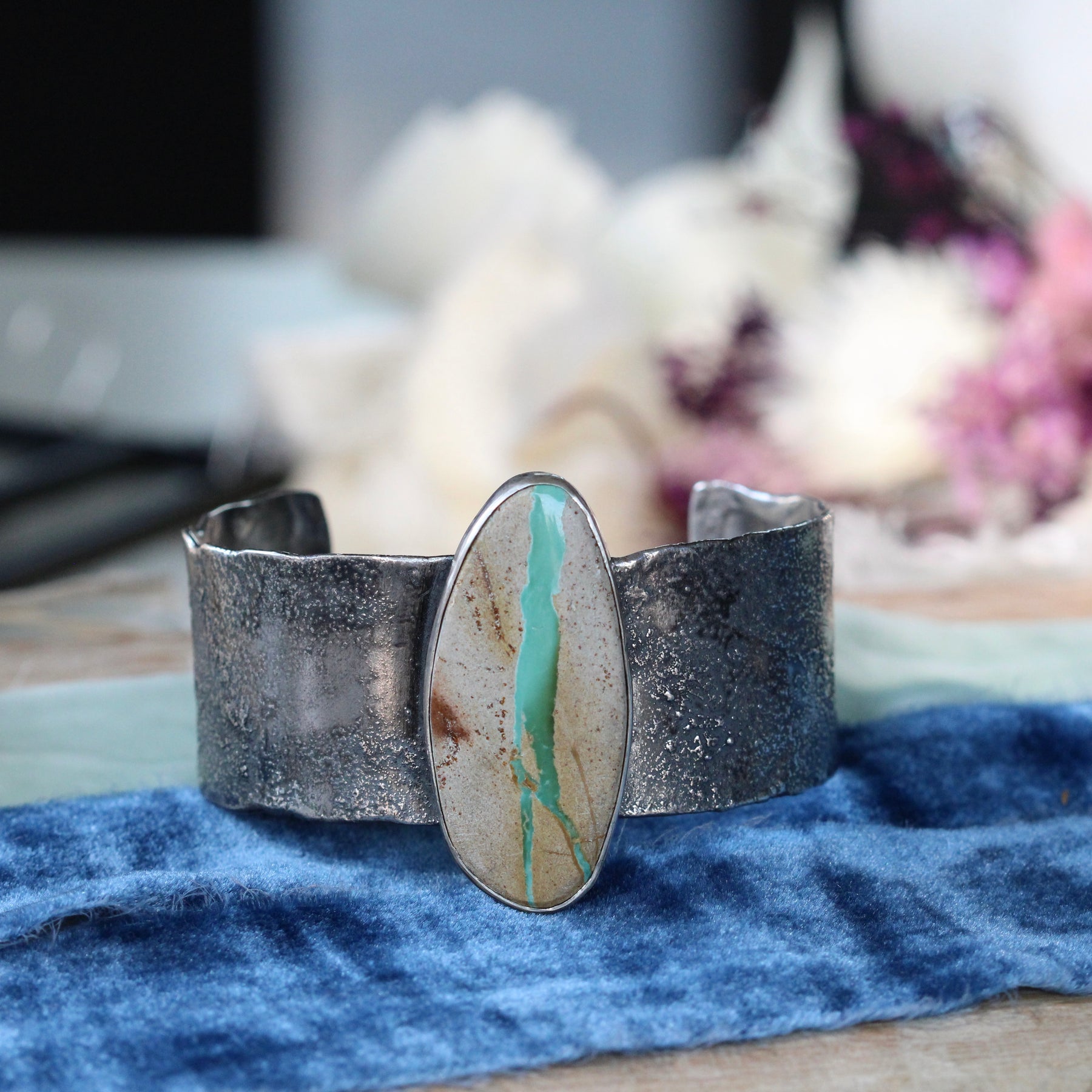 Royston Ribbon Turquoise Cuff Bracelet Reticulated Sterling Silver with Sculpted Heart