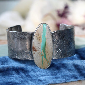 Royston Ribbon Turquoise Cuff Bracelet Reticulated Sterling Silver with Sculpted Heart