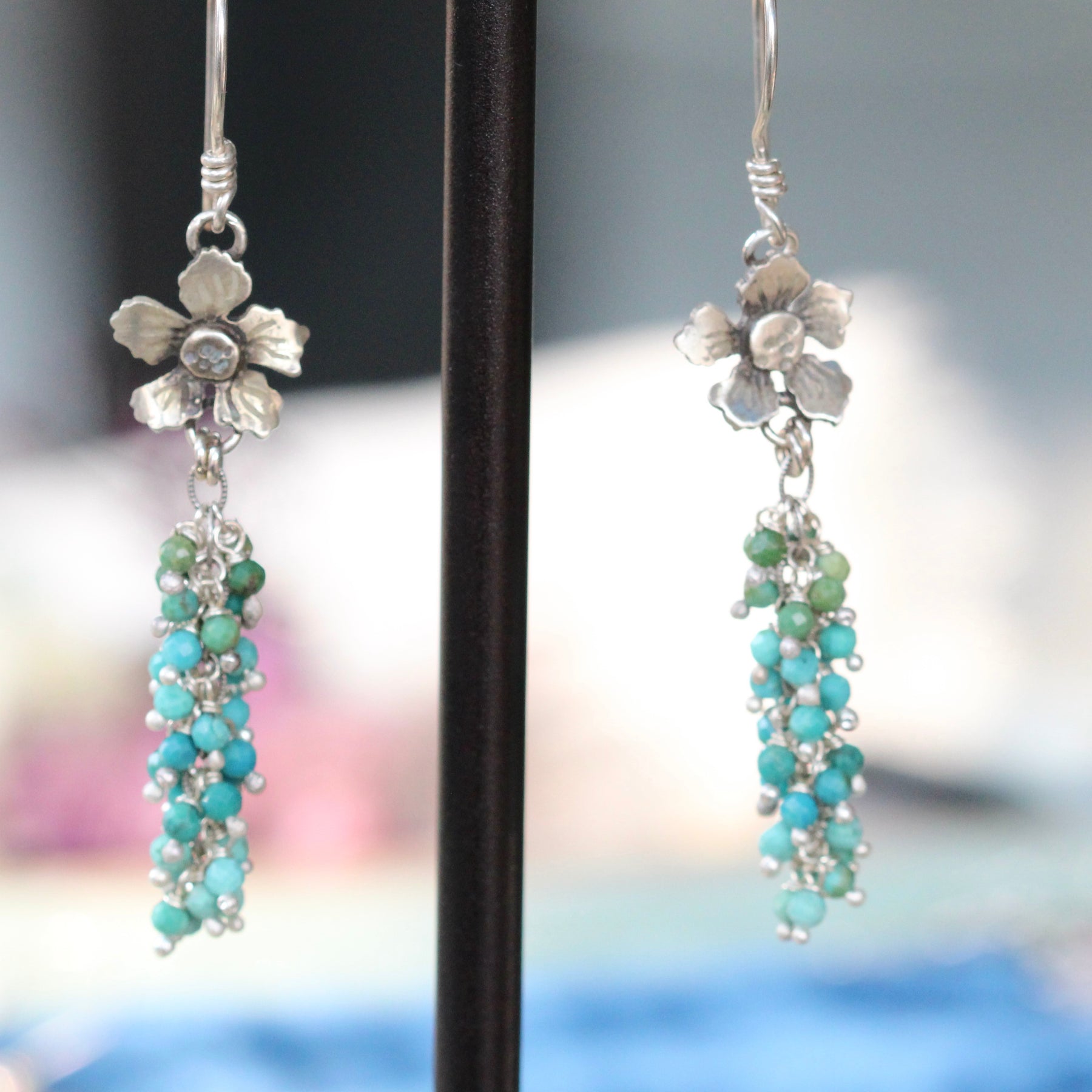 Sterling Silver Blossom Earrings with Turquoise Bead Clusters