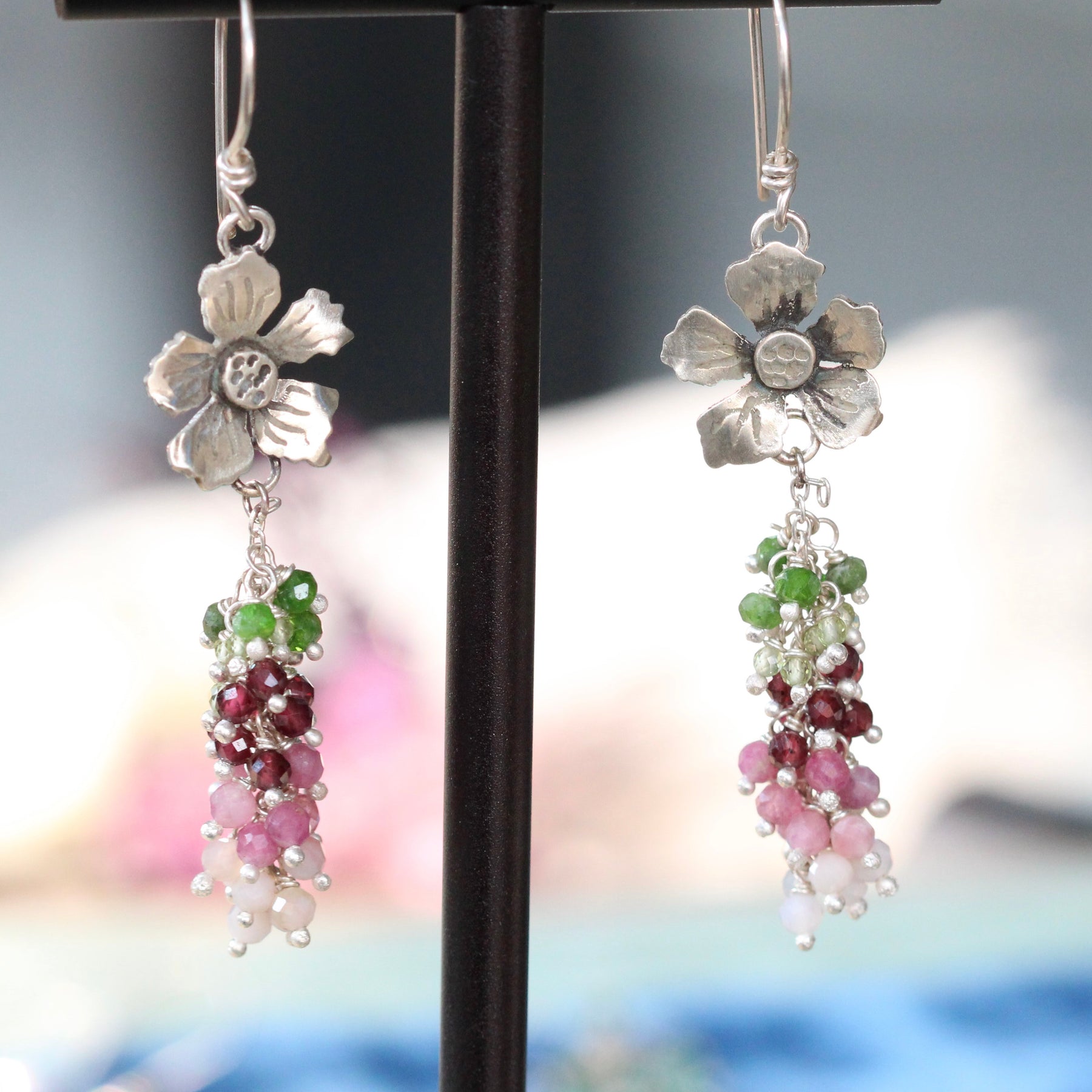 Sterling Silver Blossom Earrings with Chrome Diopside, Garnet, Tourmaline & Pink Opal