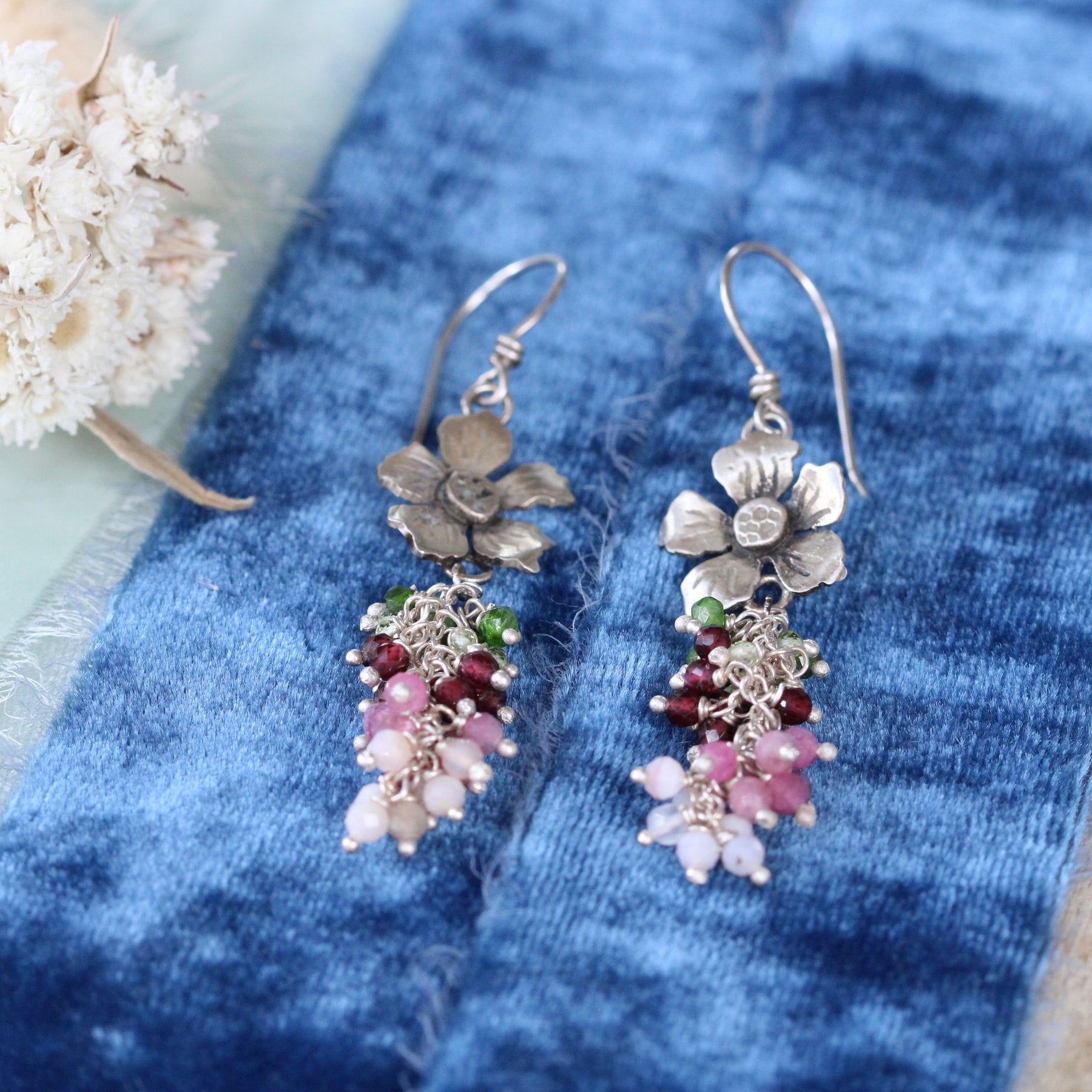 Sterling Silver Blossom Earrings with Chrome Diopside, Garnet, Tourmaline & Pink Opal